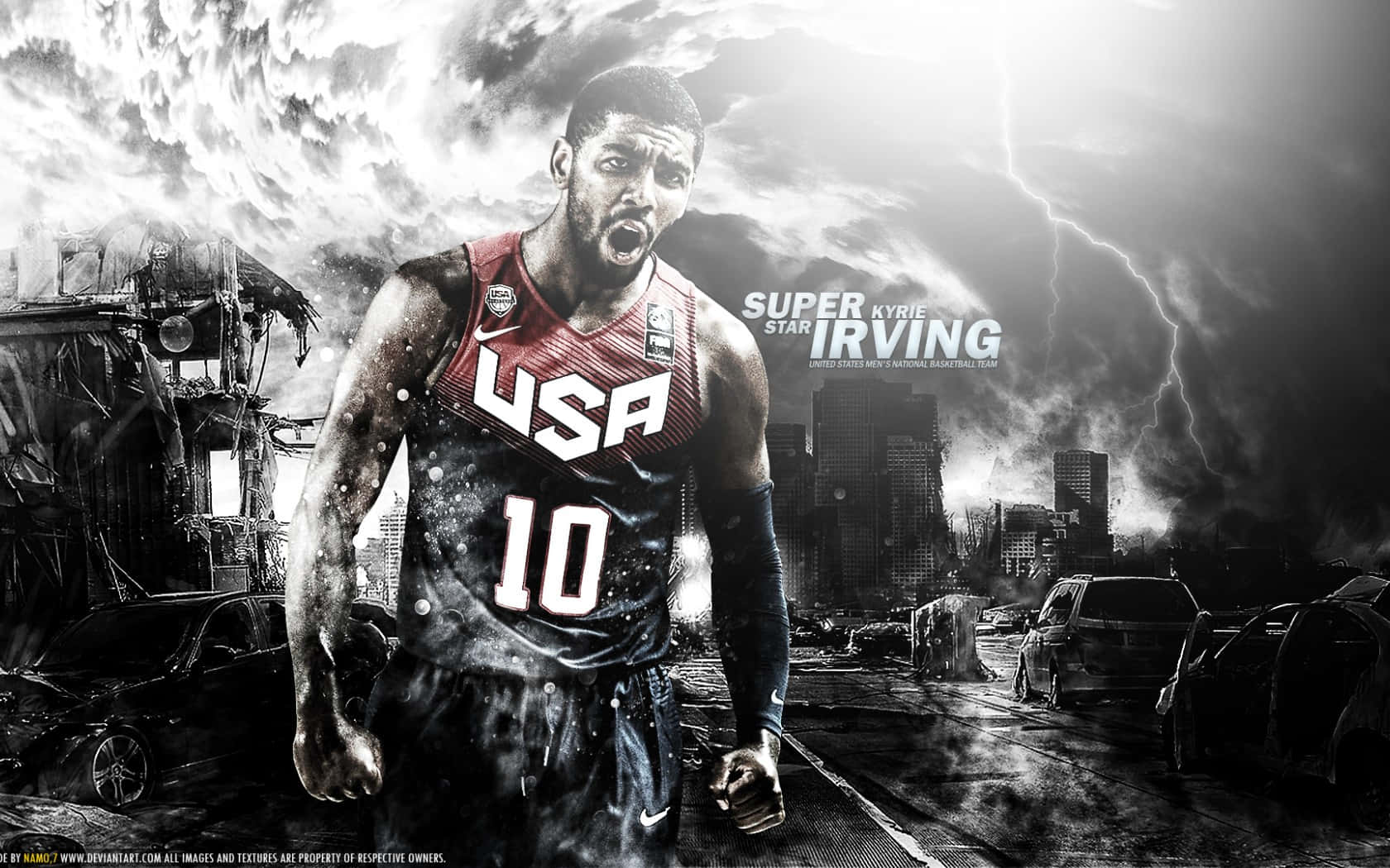 Kyrie Irving Cool 桌布 壁紙 — 一名身穿美國球衣的籃球運動員在雷電交加、汽車殘骸遍地的暴風雨城市廢墟中挑釁地站立。