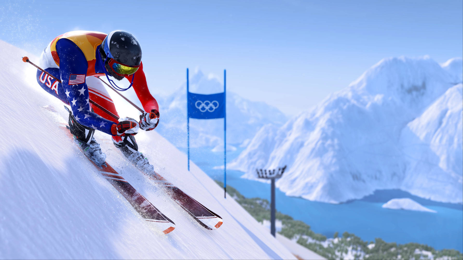 Winter Olympics 桌布 壁紙 — 一名身穿美國隊服的滑雪運動員在奧運旗幟和山峰背景下，沿著雪坡滑行。