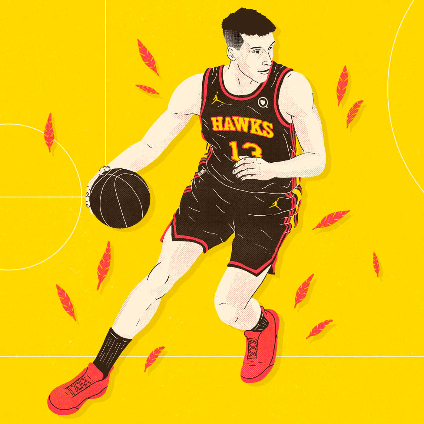 NBA 桌布 壁紙 — 一名身穿老鷹隊球衣的籃球運動員在黃色球場上運球，周圍有紅葉飄浮。
