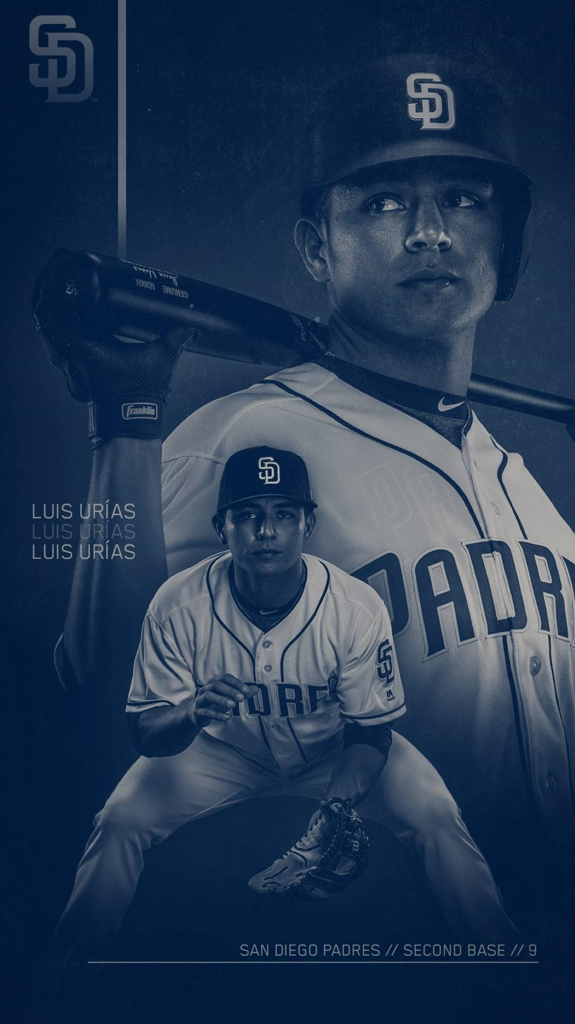 Padres 桌布 壁紙 — 一名身穿聖地牙哥教士隊球衣的棒球選手將球棒扛在肩上，而一個較小的自己蹲在下方，呈現憂鬱的藍色調。
