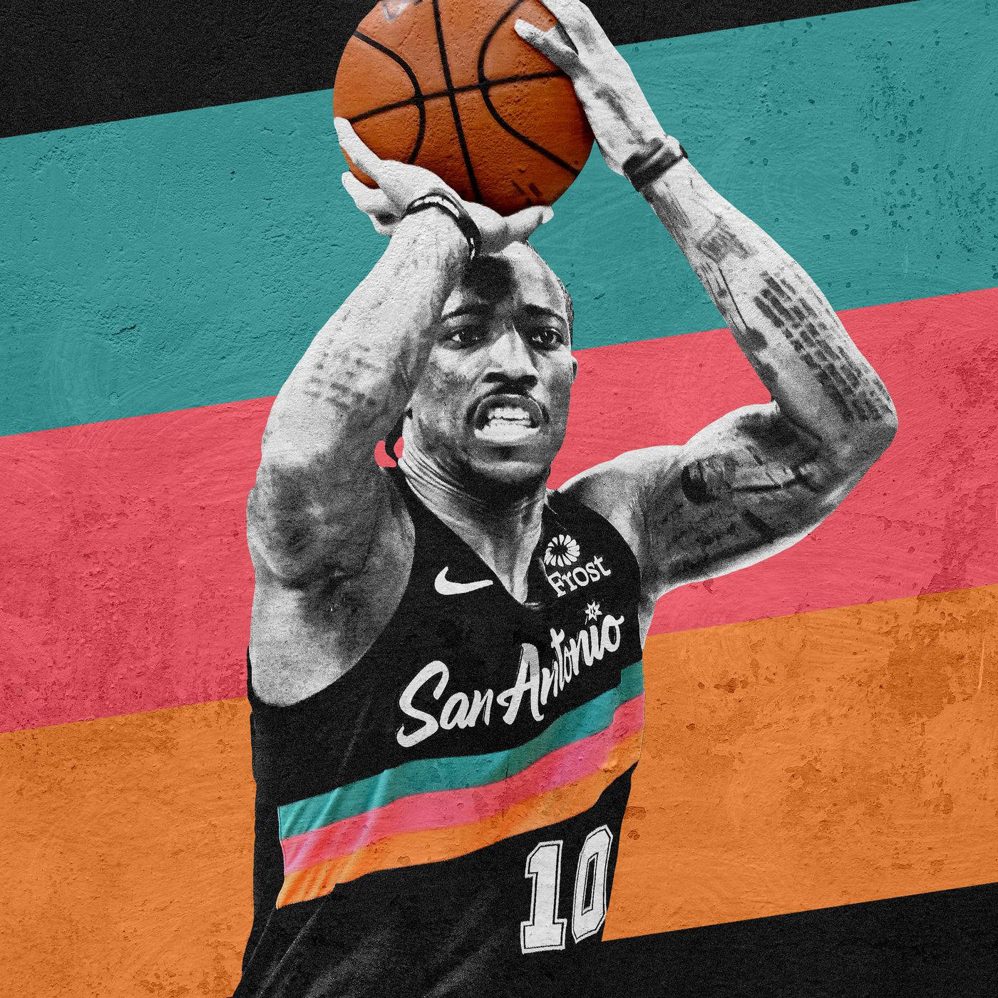 NBA 桌布 壁紙 — 一名身穿聖安東尼奧球衣的籃球運動員準備在充滿活力的條紋背景前投籃。