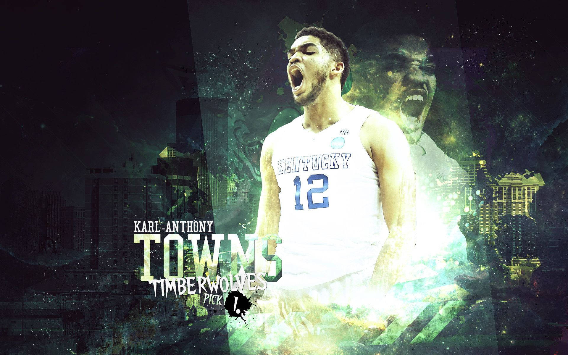 karl-anthony towns 桌布 壁紙 — 一名身穿肯塔基球衣的籃球運動員在發光的綠色和黑色城市景觀背景下激烈咆哮。