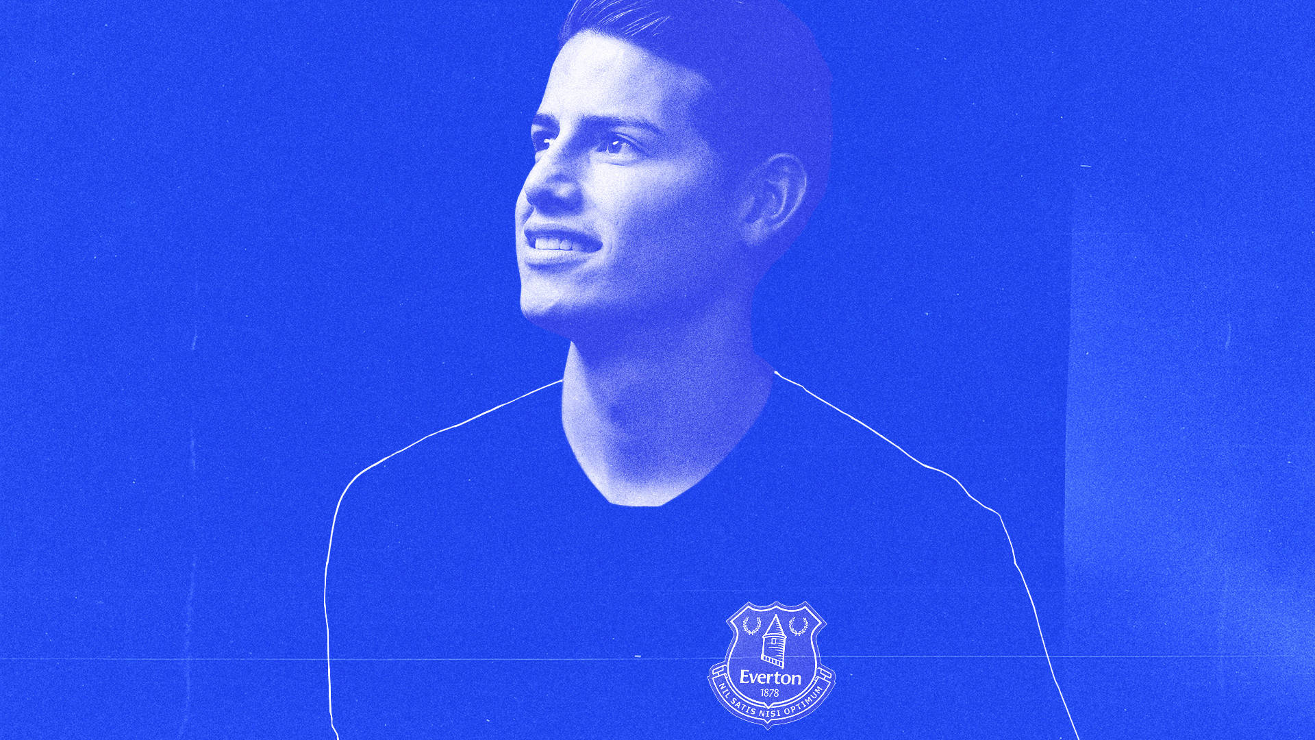James Rodriguez 桌布 壁紙 — 一名身穿艾佛頓足球球衣的年輕男子在純藍色背景上微笑，帶有白色輪廓細節。