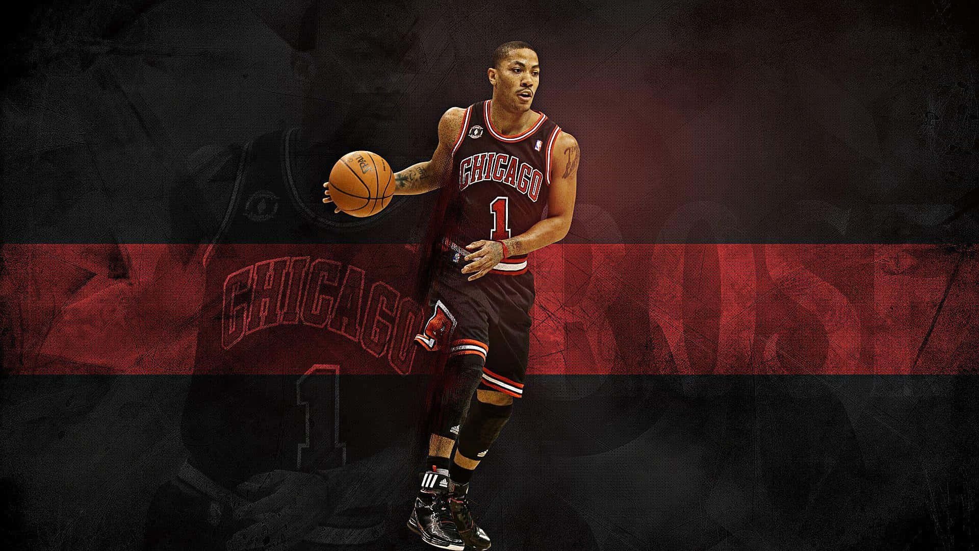derrick rose 桌布 壁紙 — 一名身穿芝加哥公牛隊球衣的籃球運動員，在帶有紅色點綴的深色紋理背景前運球。