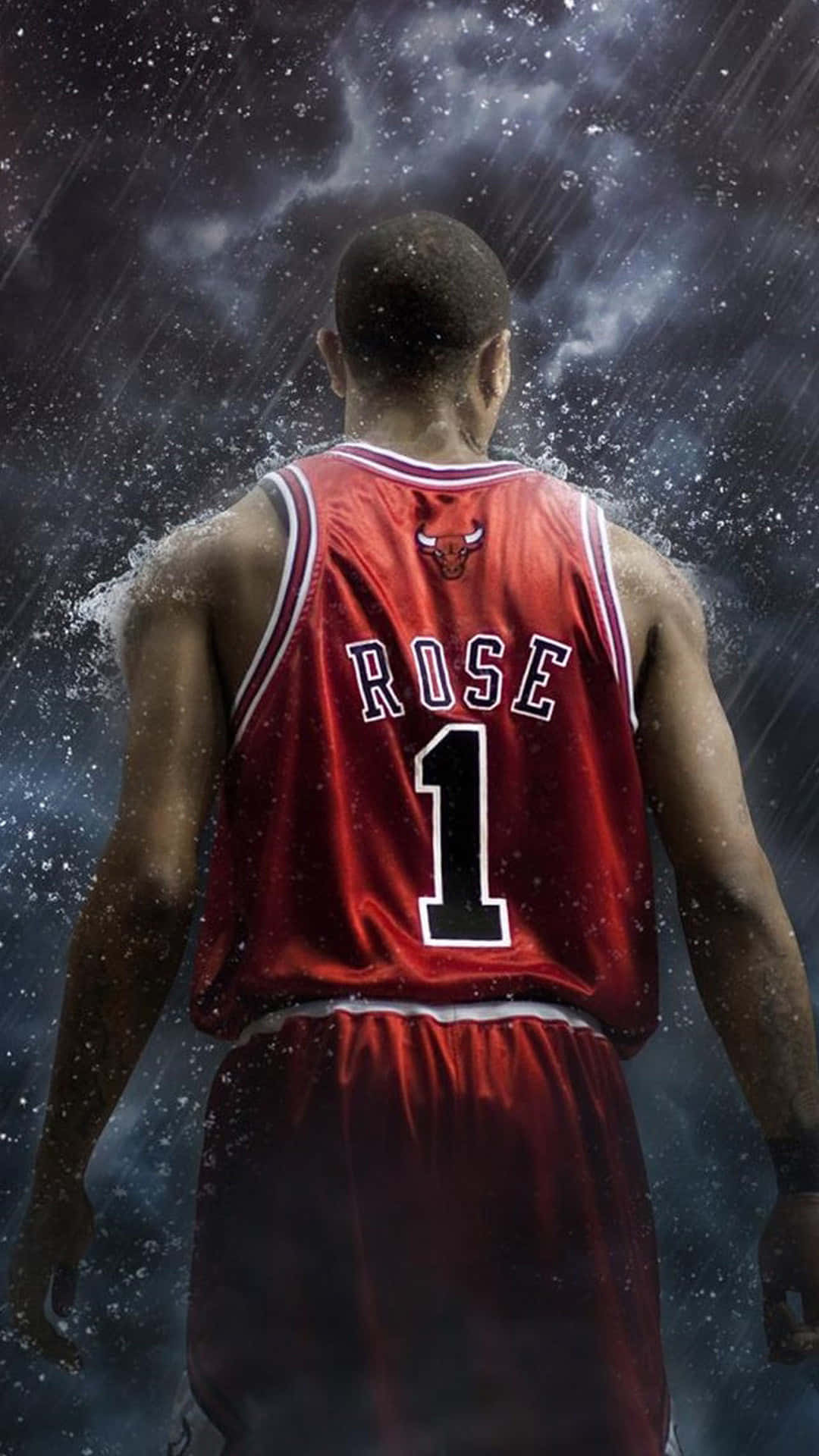 Best NBA 桌布 壁紙 — 一名身穿芝加哥公牛隊紅色球衣的籃球運動員背向觀眾，站在風雨交加、雨雪紛飛的天空下。