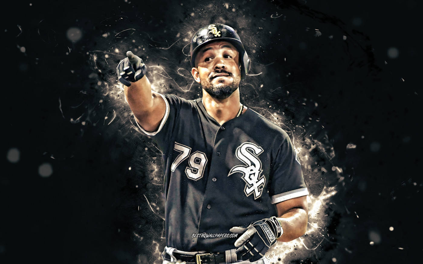 jose abreu 桌布 壁紙 — 一名身穿芝加哥白襪黑色球衣、背號79的棒球選手向前指，發光粒子在他周圍爆炸，背景為深色。