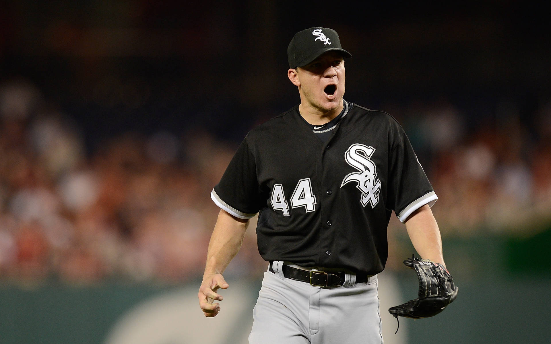 Chicago White Sox 桌布 壁紙 — 一名身穿芝加哥白襪黑色球衣、背號44的棒球投手，在夜間比賽的球場燈光下激情吶喊。