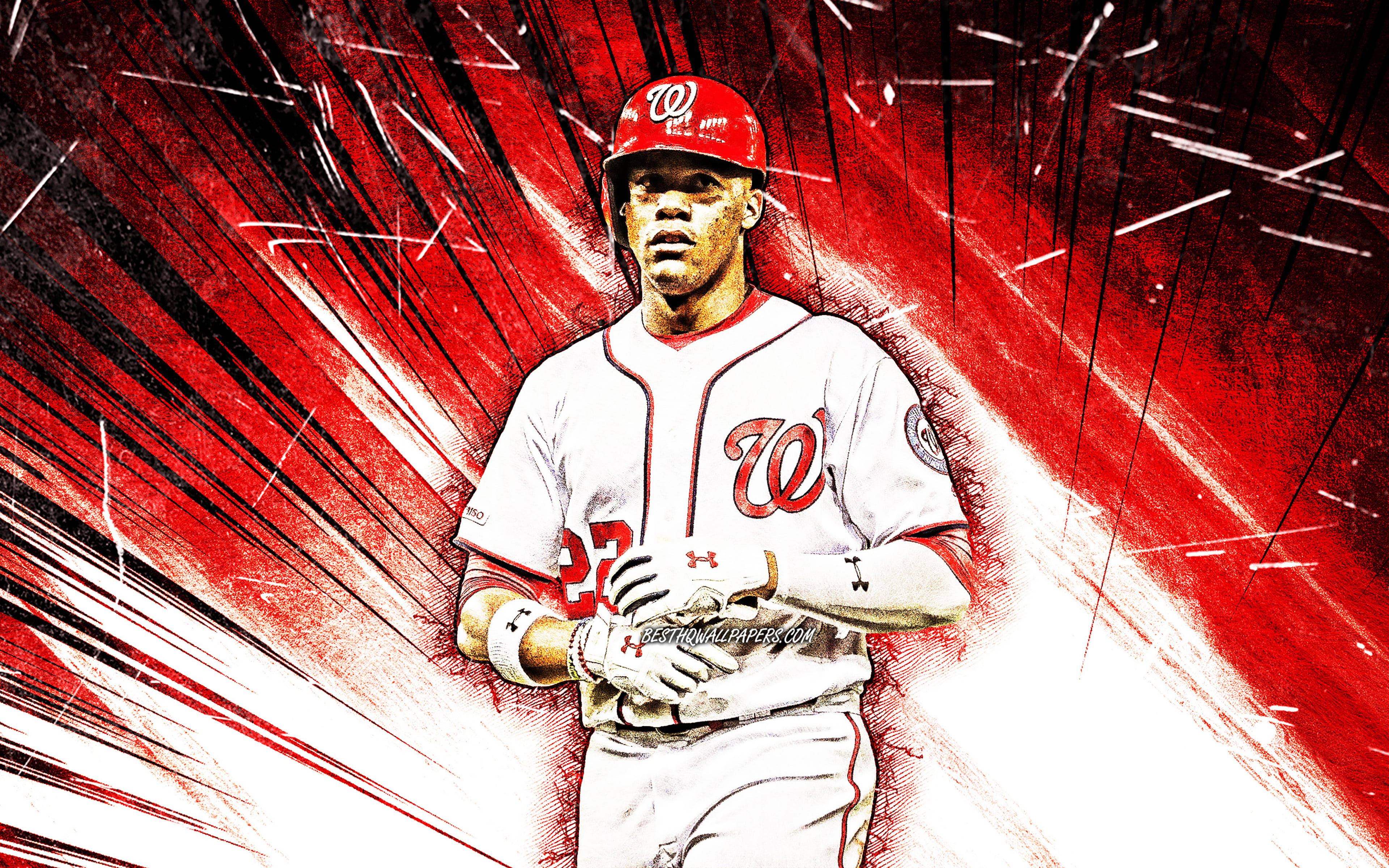 Nationals 桌布 壁紙 — 一名身穿華盛頓國民隊球衣的棒球運動員，站在充滿動感的紅黑條紋背景前。