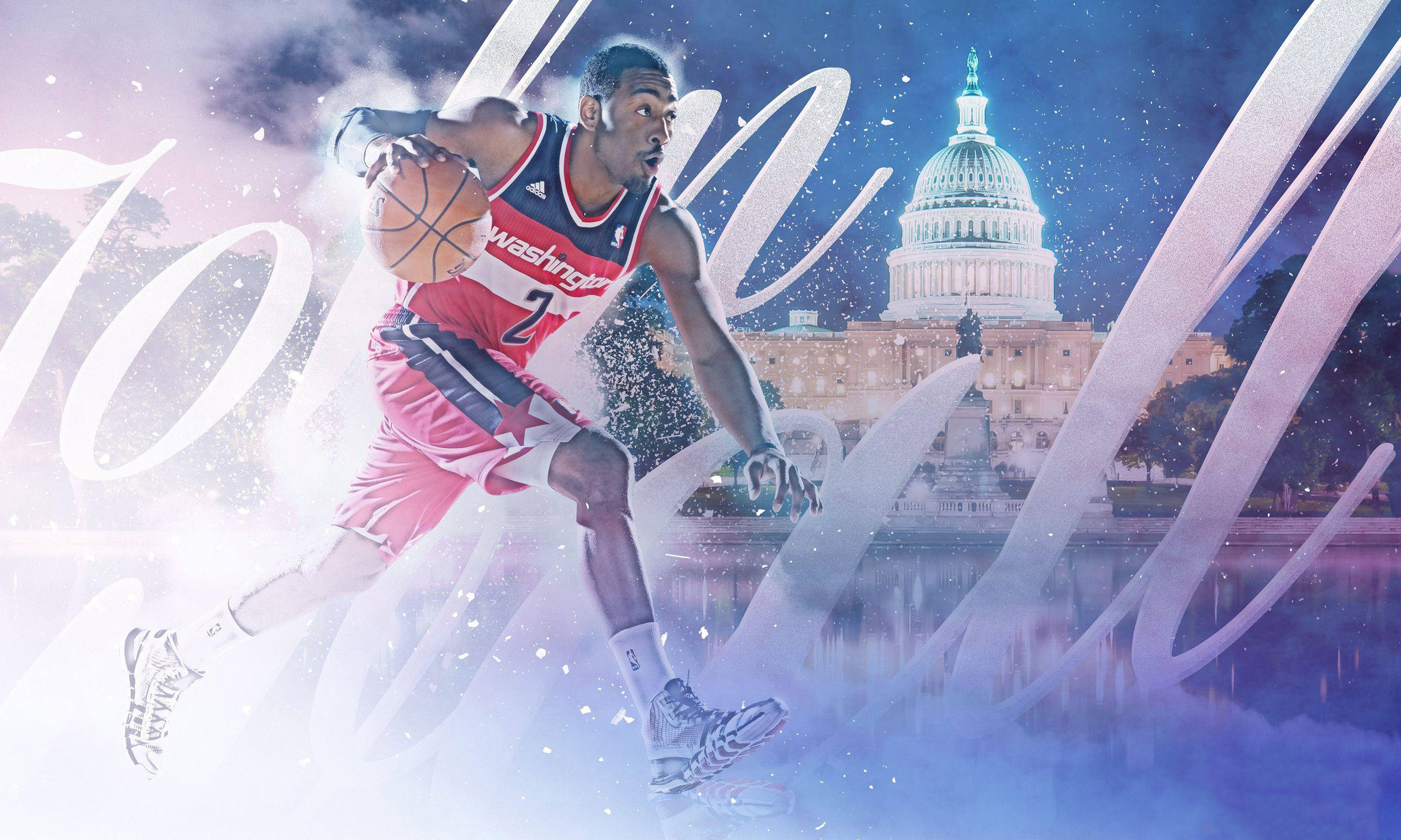 John Wall 桌布 壁紙 — 一名身穿華盛頓球衣的籃球運動員在暮色中，以美國國會大廈為背景，動感地運球。