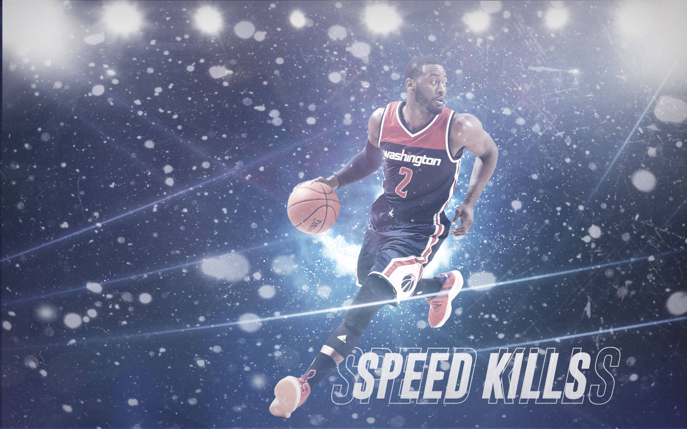 John Wall 桌布 壁紙 — 一名身穿華盛頓球衣的籃球運動員在明亮的體育場燈光下，在雪地場地上運球，並帶有「SPEED KILLS」文字。