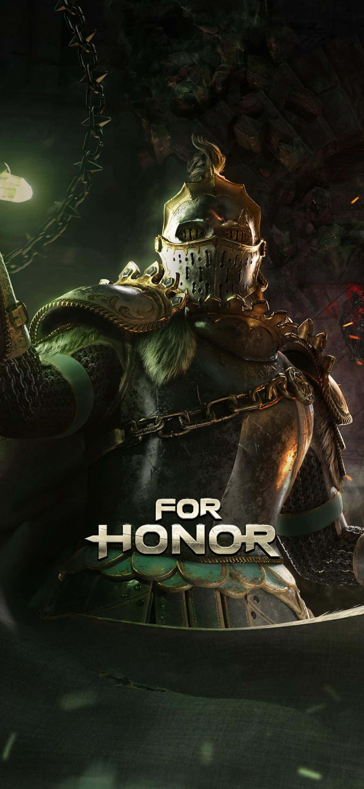 iPhone Xs Max For Honor 桌布 壁紙 — 一名身穿華麗暗色盔甲、帶有發光綠色點綴的騎士站在陰暗的地牢中，手持帶刺的鏈條武器。