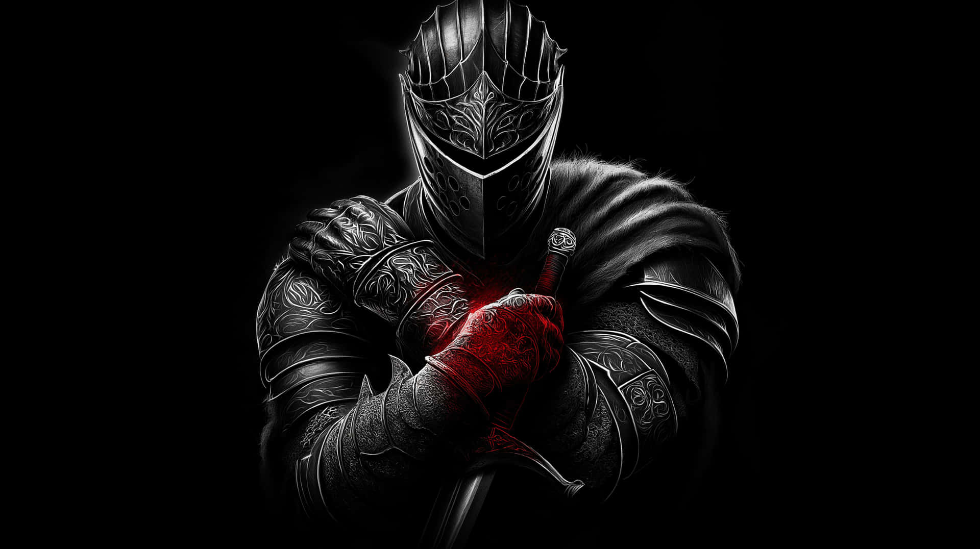 Dark Knight Portrait: Armored Warrior with Sword Grip 壁紙 — 一名身穿華麗暗色盔甲的騎士，在黑色背景前手持一把發光的紅色劍。