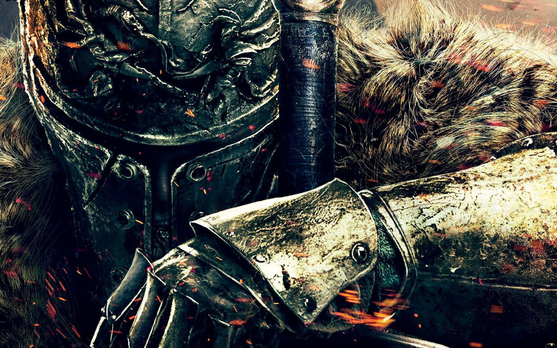 黑暗靈魂 桌布 壁紙 — 一名身穿華麗暗色盔甲的騎士緊握著劍，熾熱的火花在他毛皮襯裡的肩膀周圍飛舞。