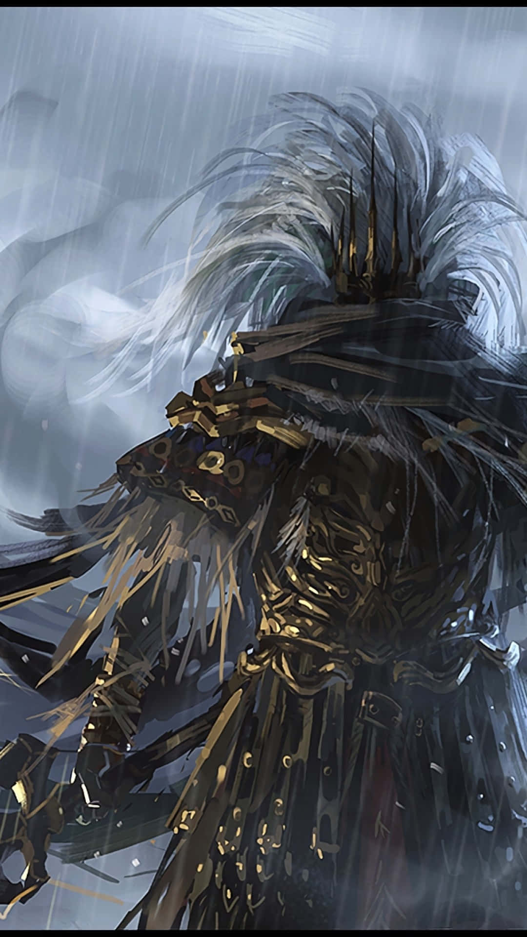 Dark Souls Boss 桌布 壁紙 — 一名身穿華麗暗色鎧甲、飾有金色點綴的戰士在暴風雨中挑釁地站立，風吹動他們長長的白髮，映襯著灰色的天空。