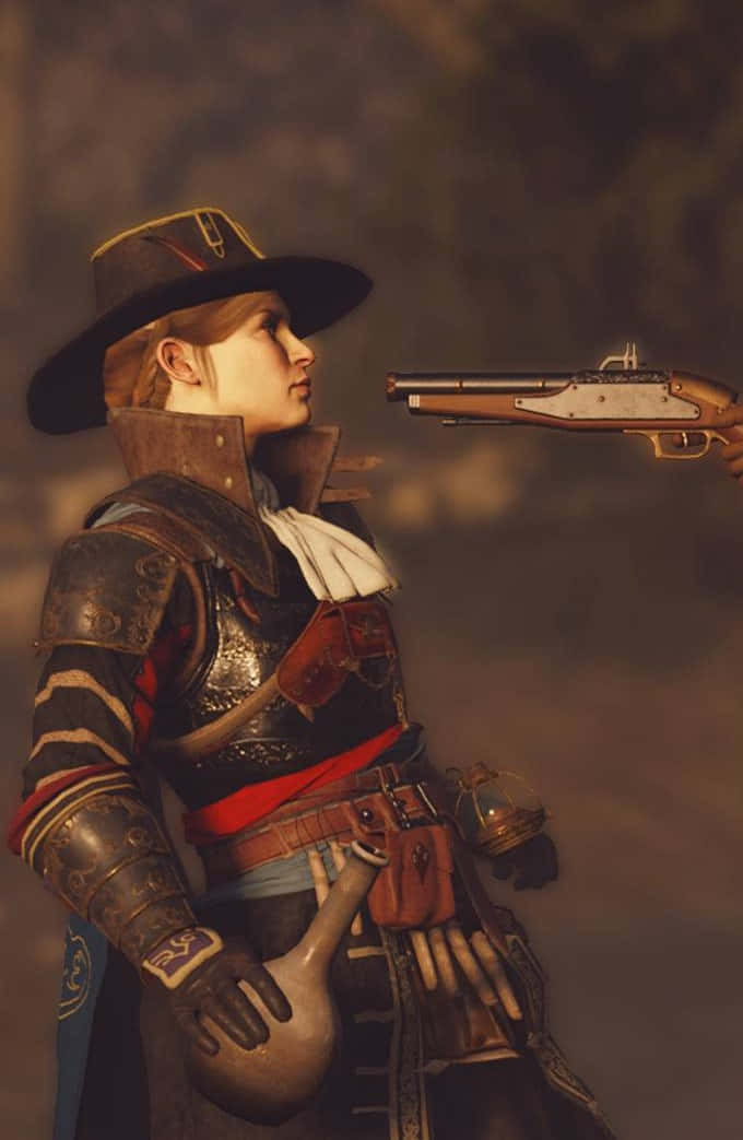 Android Greedfall 桌布 壁紙 — 一名身穿華麗歷史盔甲和帽子的女性，在緊張的對峙中面對一支指向她的手槍。