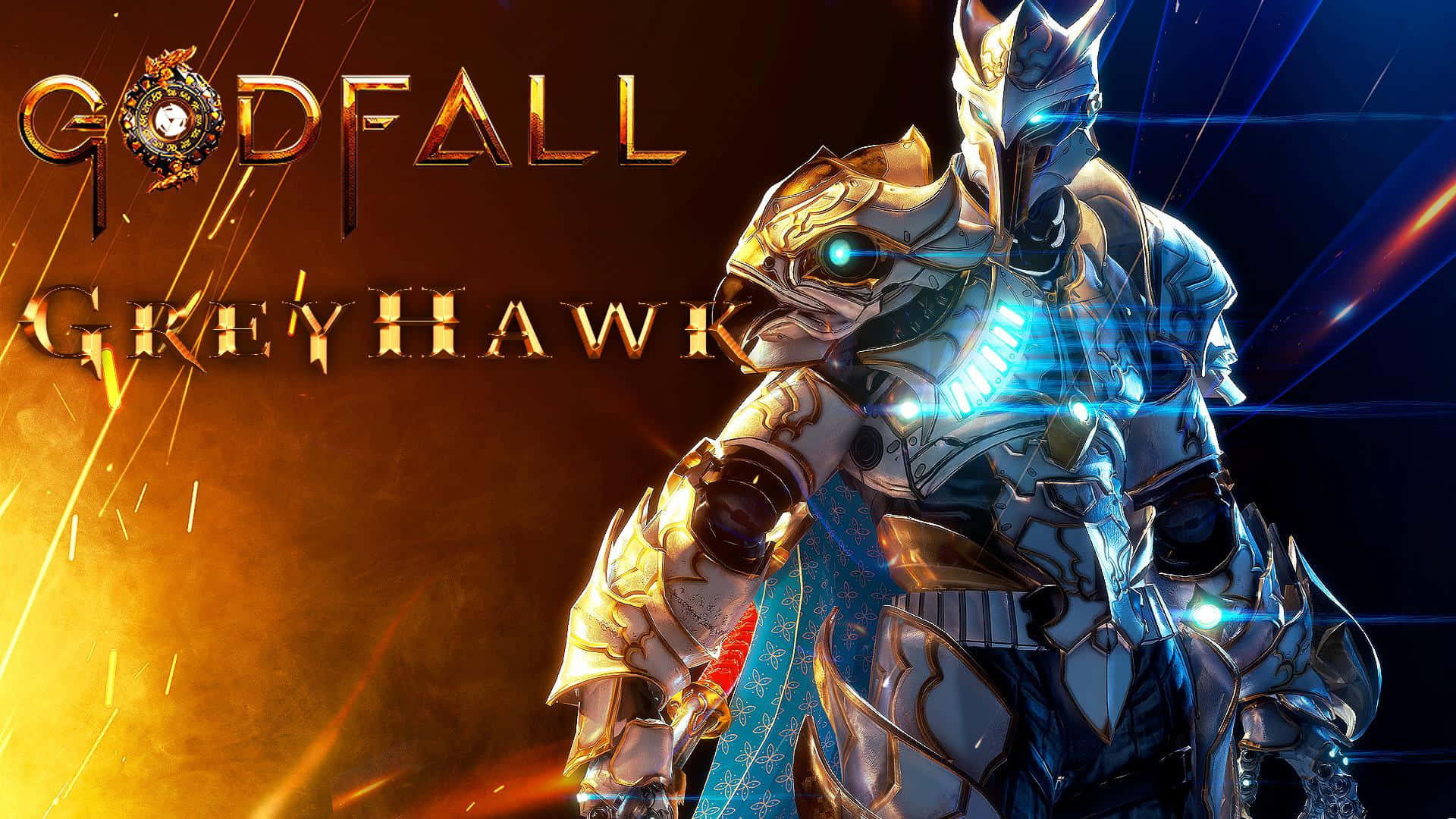 1080p Godfall 桌布 壁紙 — 一名身穿華麗發光盔甲的戰士，在熾熱的金色和深藍色背景上，英雄般地站立著，並帶有遊戲標題文字。