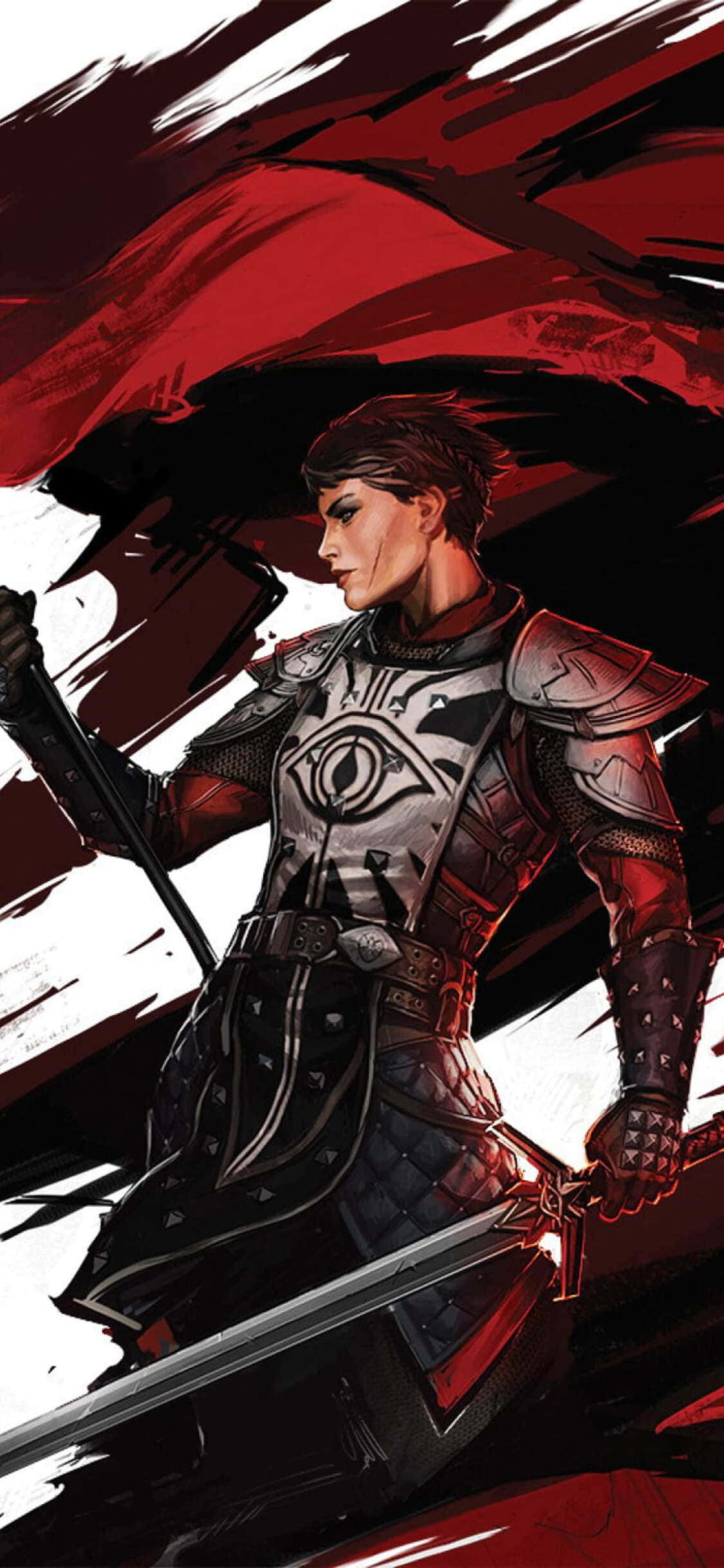 iPhone Xs Dragon Age Inquisition 桌布 壁紙 — 一名身穿華麗盔甲、帶有眼睛標誌的戰士，手持劍，站在動態的紅白背景前。