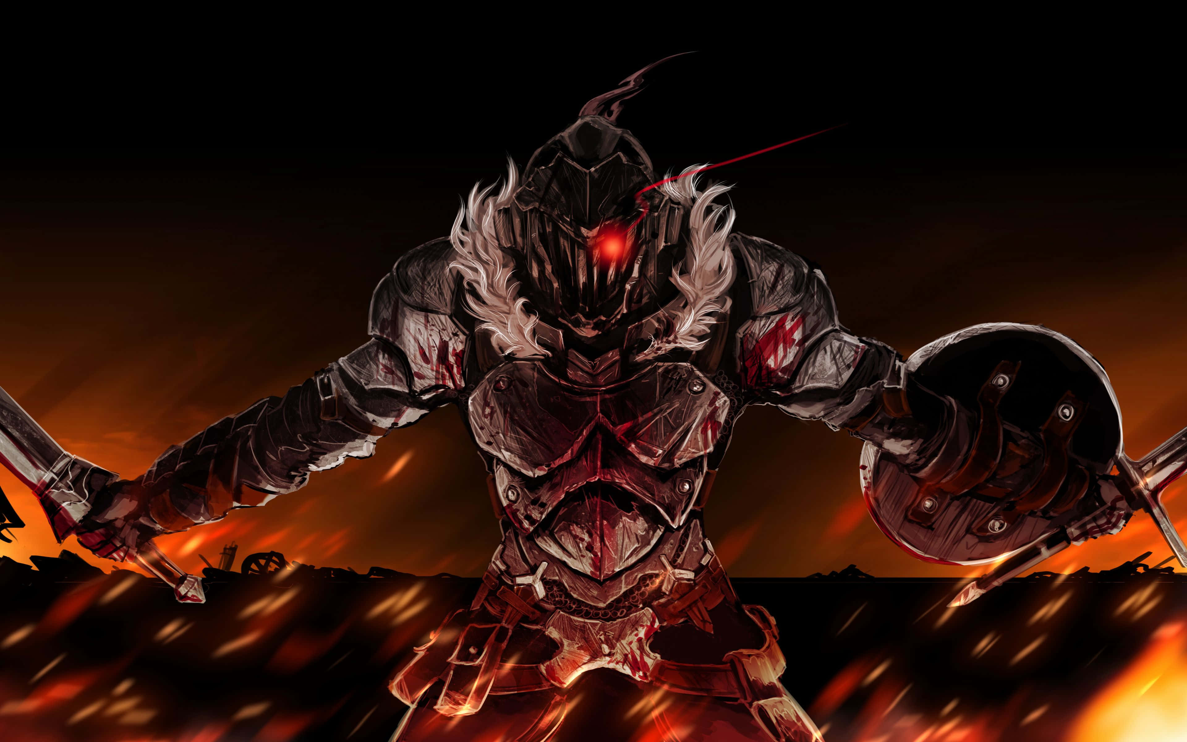 Goblin Slayer 桌布 壁紙 — 一名身穿華麗盔甲、雙眼發出紅光的黑暗騎士，在熾熱的橙色和黑色背景下傲然挺立。