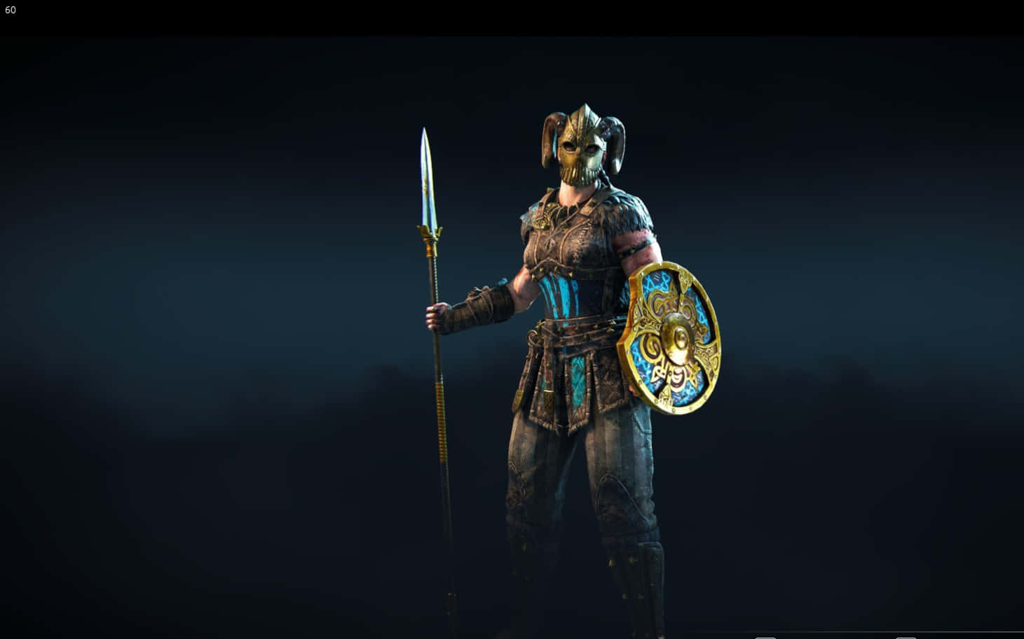 Female Samurai For Honor 桌布 壁紙 — 一名身穿華麗盔甲和帶角頭盔的戰士，在陰暗的背景下手持長矛和盾牌。