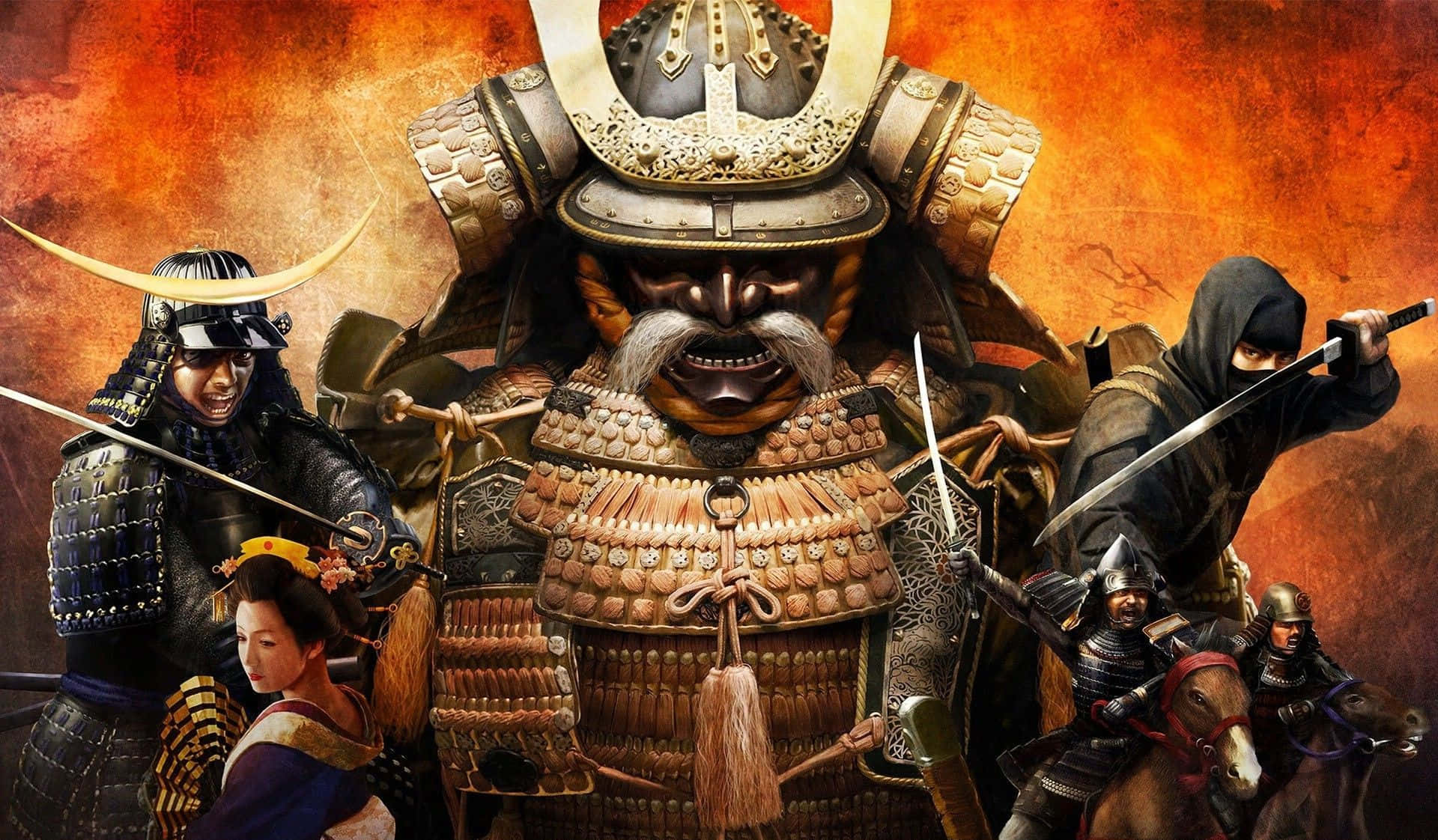 Shogun 桌布 壁紙 — 一名身穿華麗盔甲的兇猛武士站在中央，與一名忍者和騎兵一起，背景是火熱的橙色。