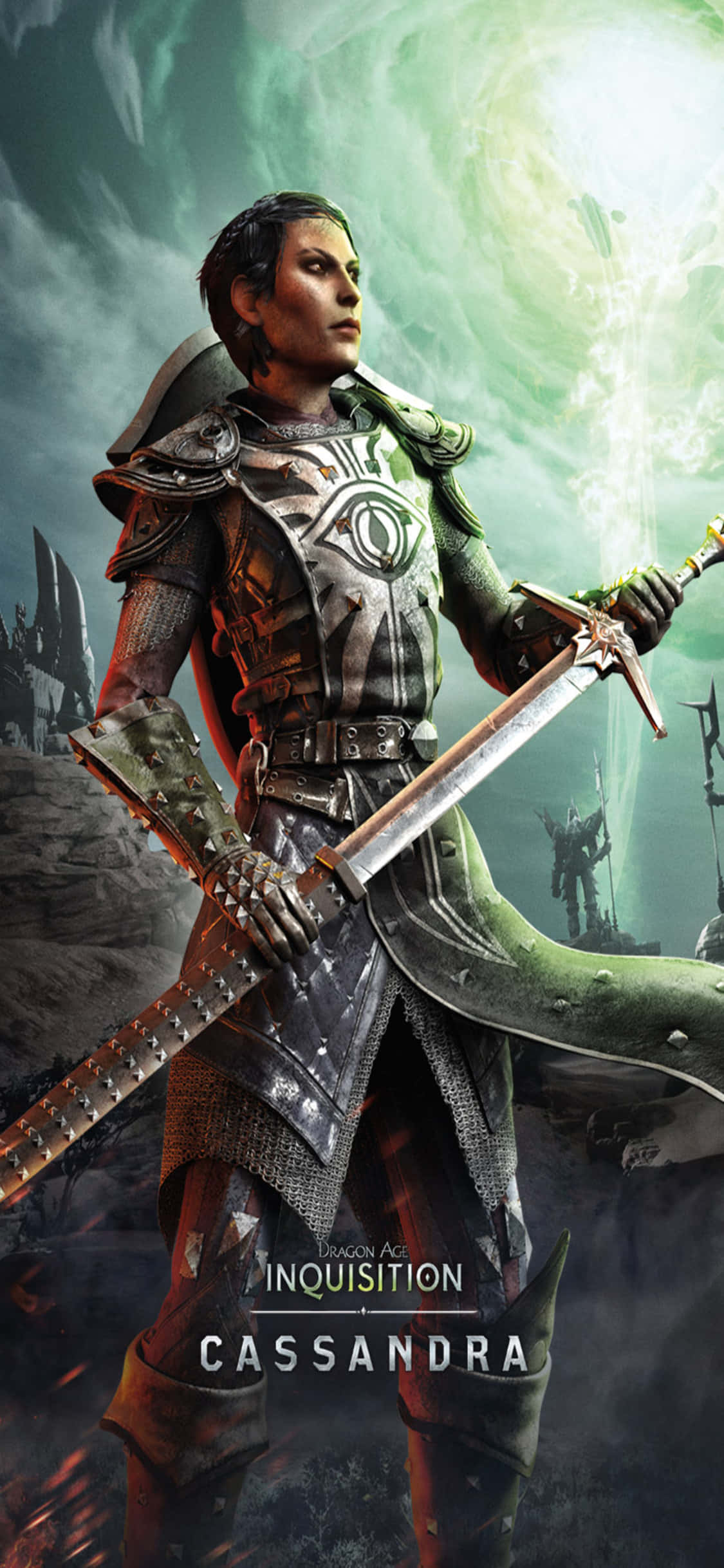 iPhone Xs Dragon Age Inquisition 桌布 壁紙 — 一名身穿華麗盔甲的戰士，在神秘綠色能量背景和遠處廢墟的襯托下，手持一把發光的劍。