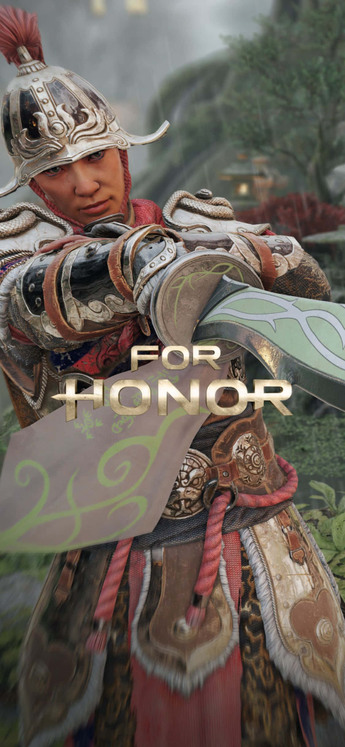 iPhone Xs For Honor 桌布 壁紙 — 一名身穿華麗盔甲的戰士，在迷霧森林背景下握著一把發光的綠色刀刃，並帶有「FOR HONOR」文字。