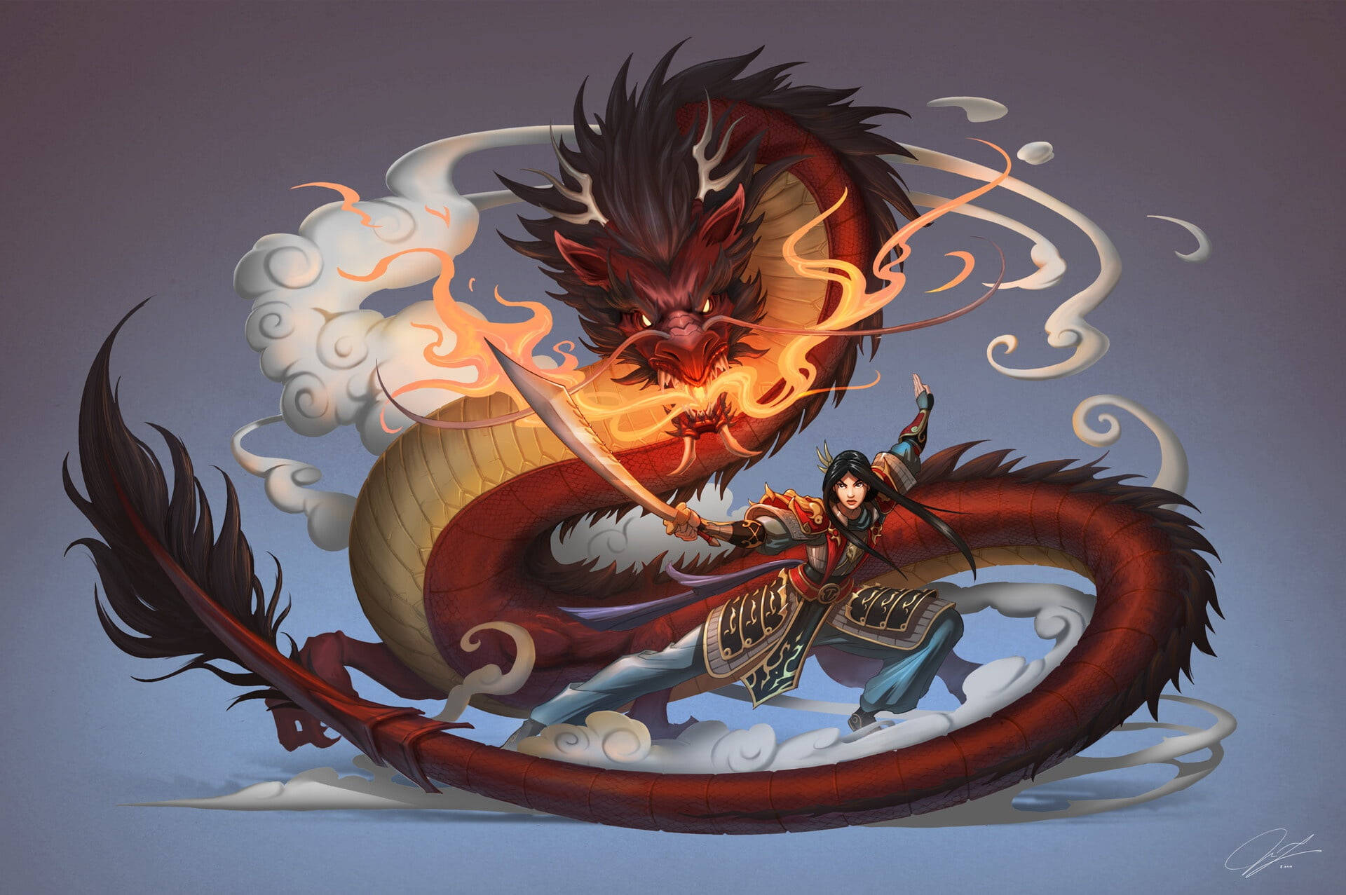 Mulan 桌布 壁紙 — 一名身穿華麗盔甲的戰士在旋轉的雲層和發光的餘燼中與一條火紅色的龍戰鬥。
