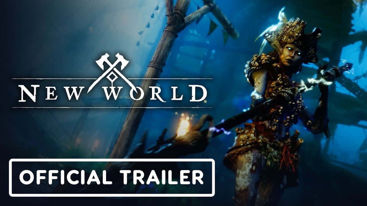 New World 桌布 壁紙 — 一名身穿華麗盔甲的戰士在昏暗的沉船中挑釁地站立，在藍色調的水下握著發光的武器。
