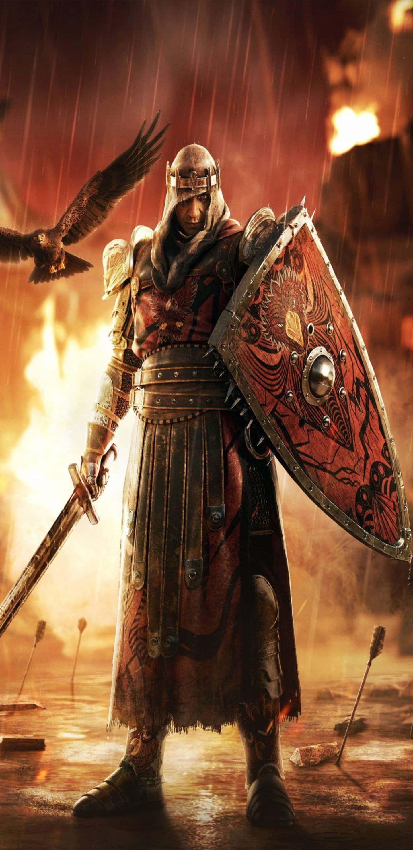 For Honor 桌布 壁紙 — 一名身穿華麗盔甲的戰士在火海戰場上傲然挺立，雨水傾瀉而下，一隻烏鴉在他身旁翱翔。