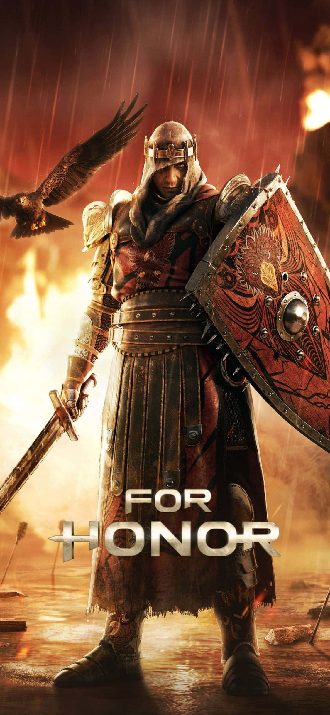 iPhone Xs For Honor 桌布 壁紙 — 一名身穿華麗盔甲的戰士在烈火戰場上挑釁地站立，一隻烏鴉在他旁邊飛翔。