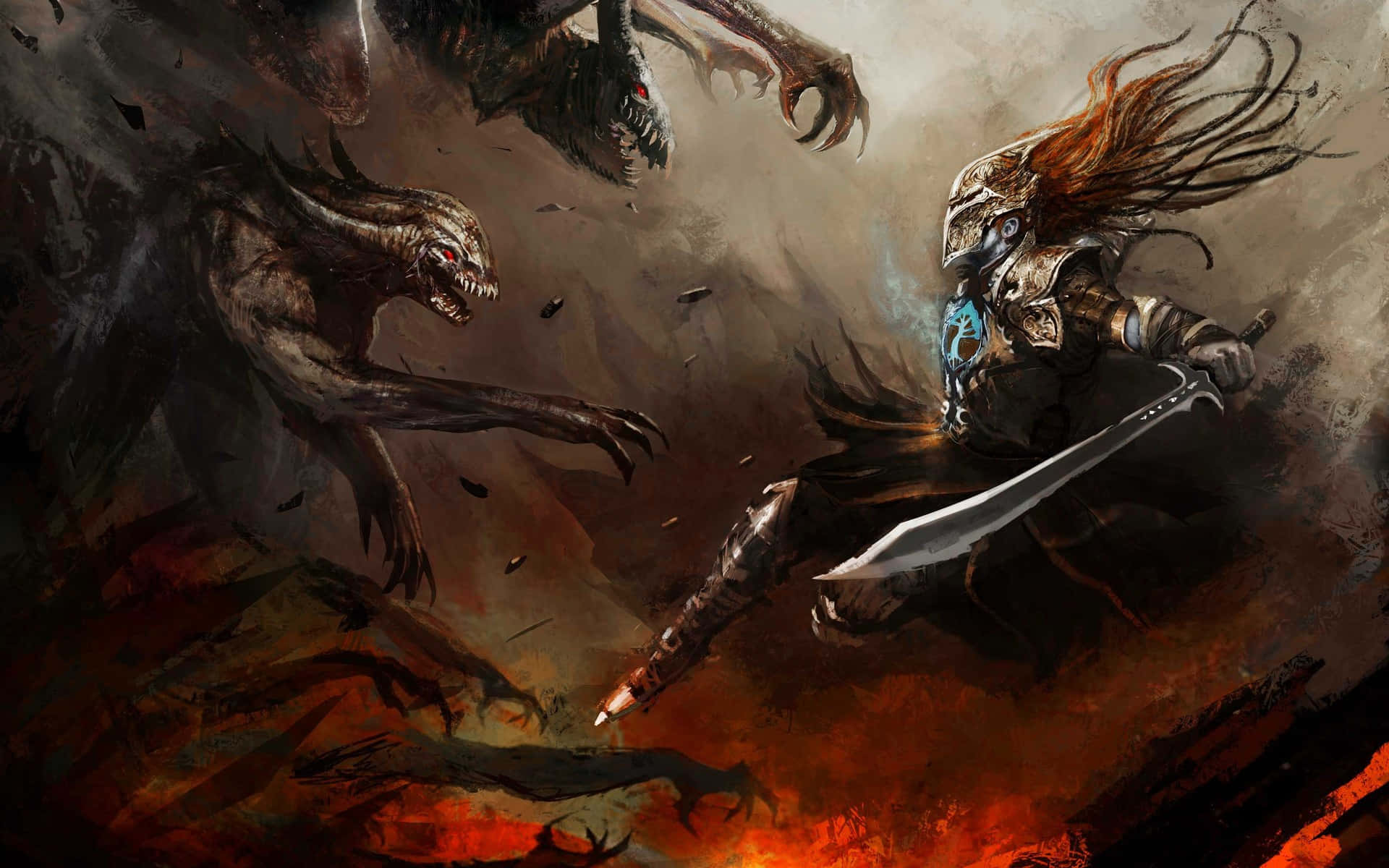 Dark War 桌布 壁紙 — 一名身穿華麗盔甲的戰士在烈火混亂中斬殺怪獸，呈現黑暗奇幻戰鬥場景。