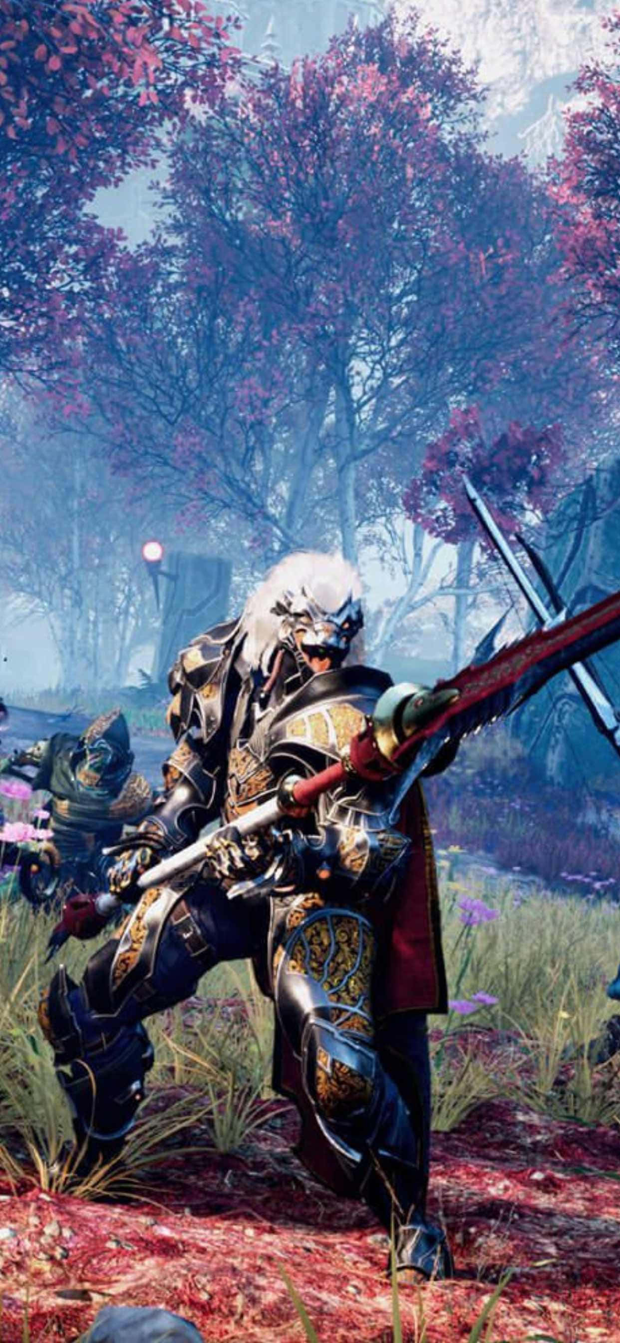 電玩遊戲 桌布 壁紙 — 一名身穿華麗盔甲的戰士在神秘森林中揮舞著一把巨劍，森林中有粉紅色的開花樹木和發光的球體。