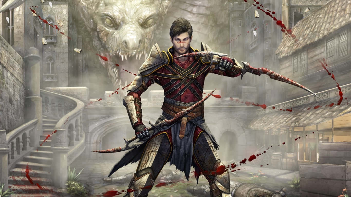 1366x768 Dragon Age Inquisition 桌布 壁紙 — 一名身穿華麗盔甲的戰士在迷霧籠罩的中世紀小鎮中揮砍，身後一頭巨獸若隱若現，鮮血在空中飛濺。