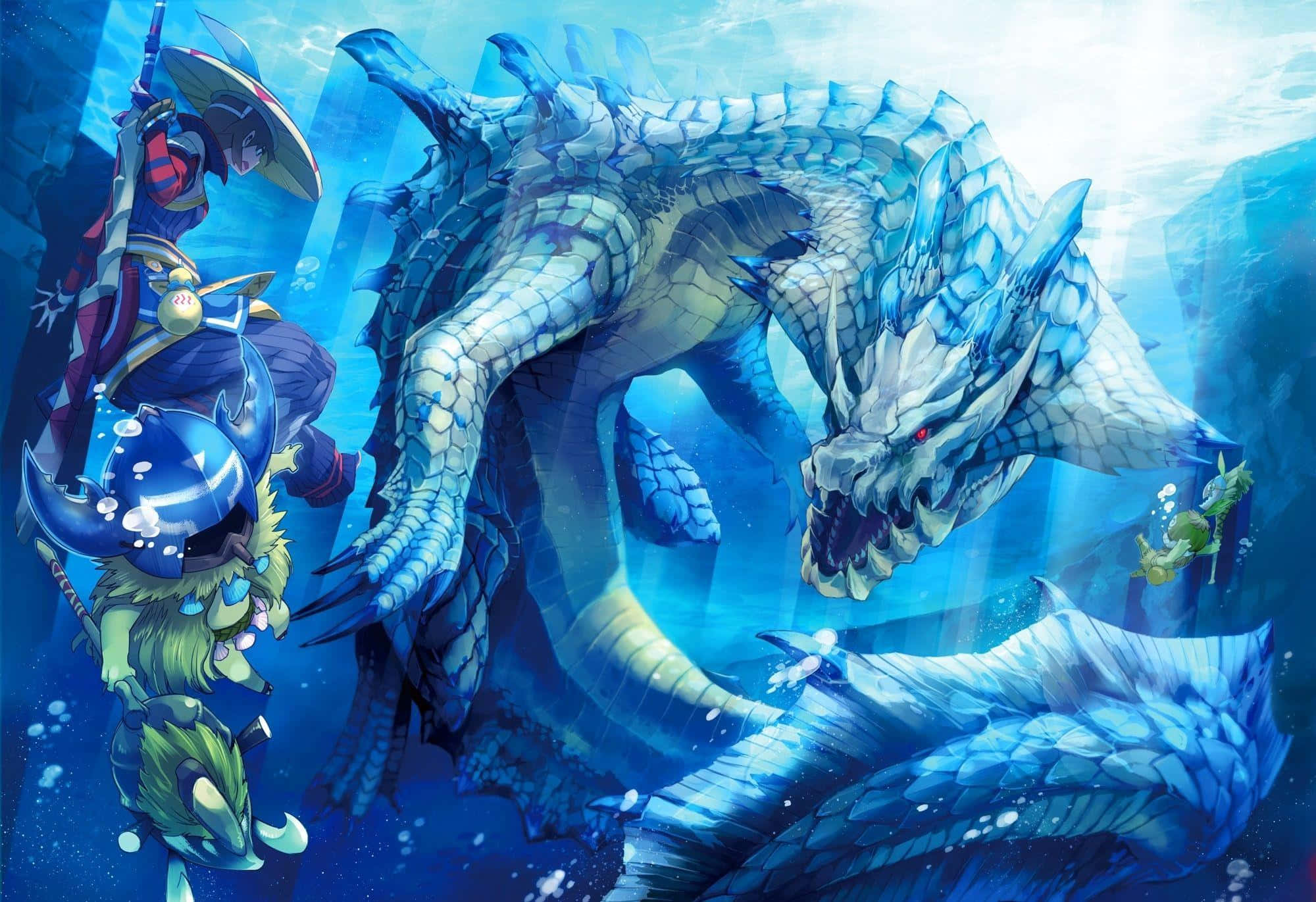Monster Hunter Monsters 桌布 壁紙 — 一名身穿華麗盔甲的戰士在陽光照射的水下洞穴中與一條巨大的藍鱗龍對峙。