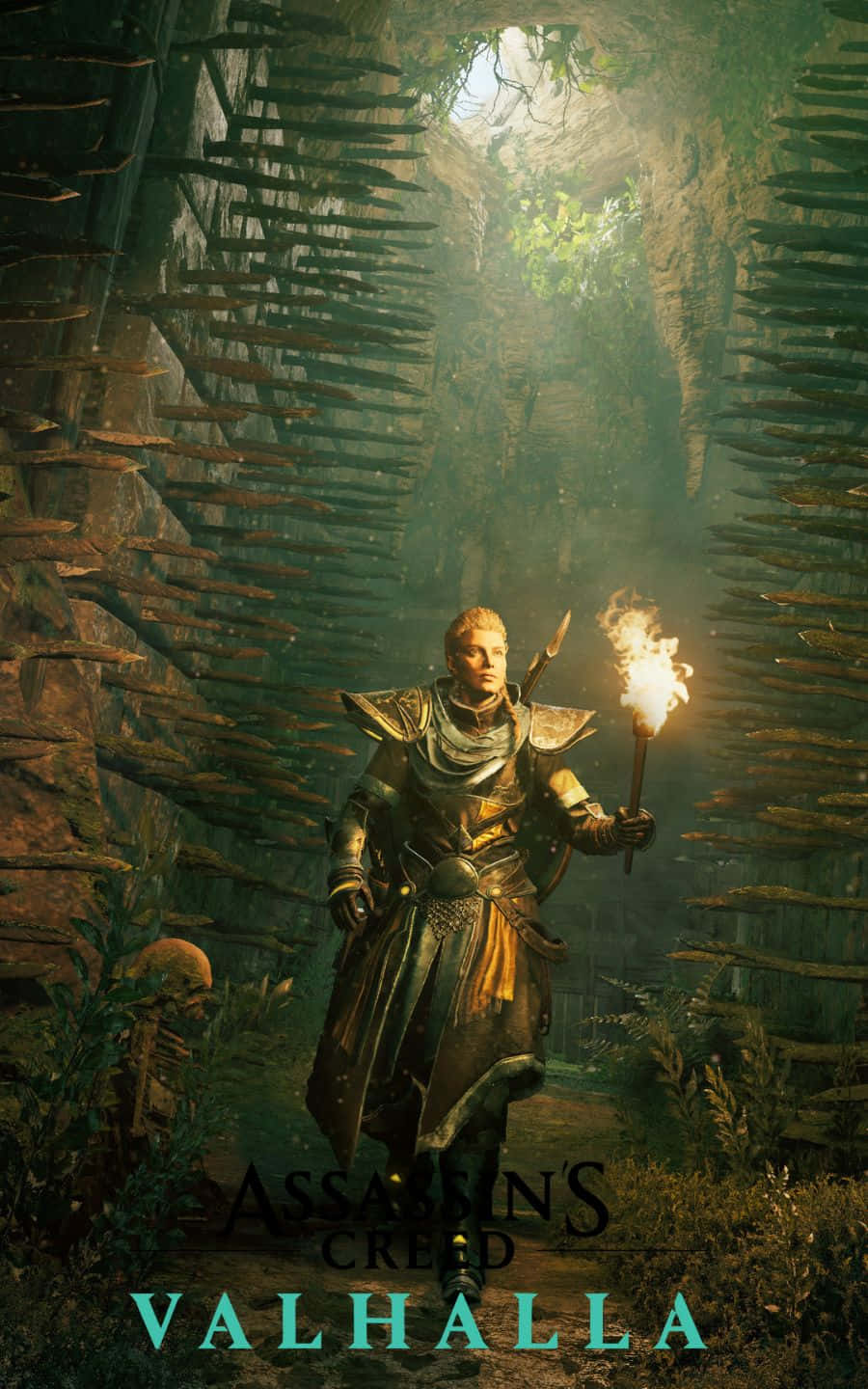 games 桌布 壁紙 — 一名身穿華麗盔甲的戰士手持燃燒的火把，照亮了迷霧籠罩的古老森林，森林中有高聳、長滿苔蘚的樹幹。