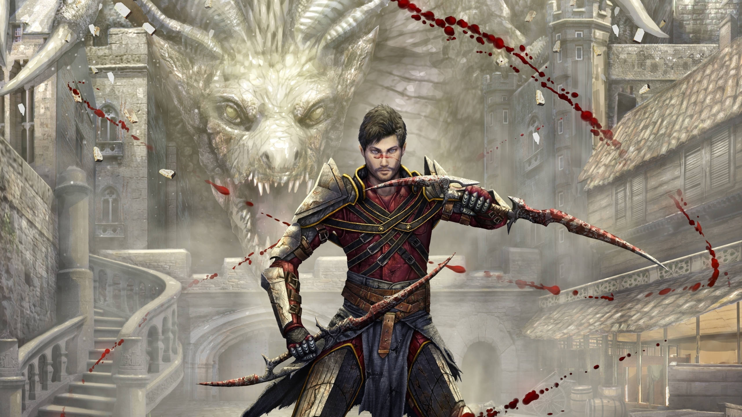Dragon Age 桌布 壁紙 — 一名身穿華麗盔甲的戰士挑釁地站在石頭城市街道上，一頭巨大的白色巨龍在他身後若隱若現，血花在空中飛濺。