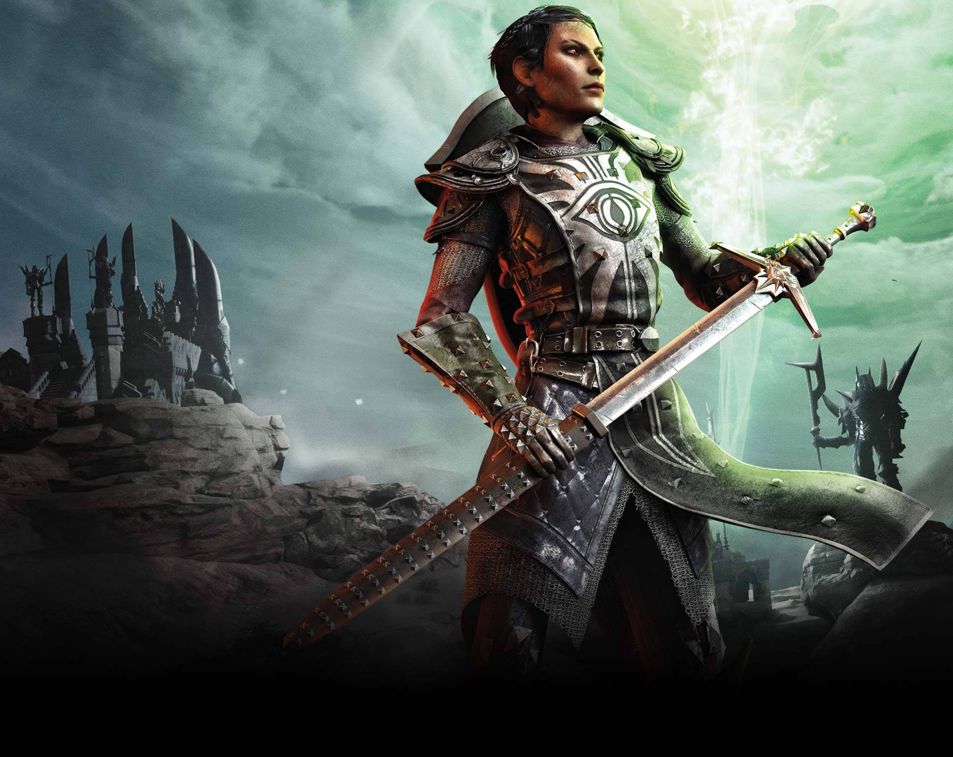 Dragon Age 桌布 壁紙 — 一名身穿華麗盔甲的戰士挑釁地站在岩石懸崖上，手持發光的劍，背後是暴風雨天空下隱約出現的黑暗尖塔。