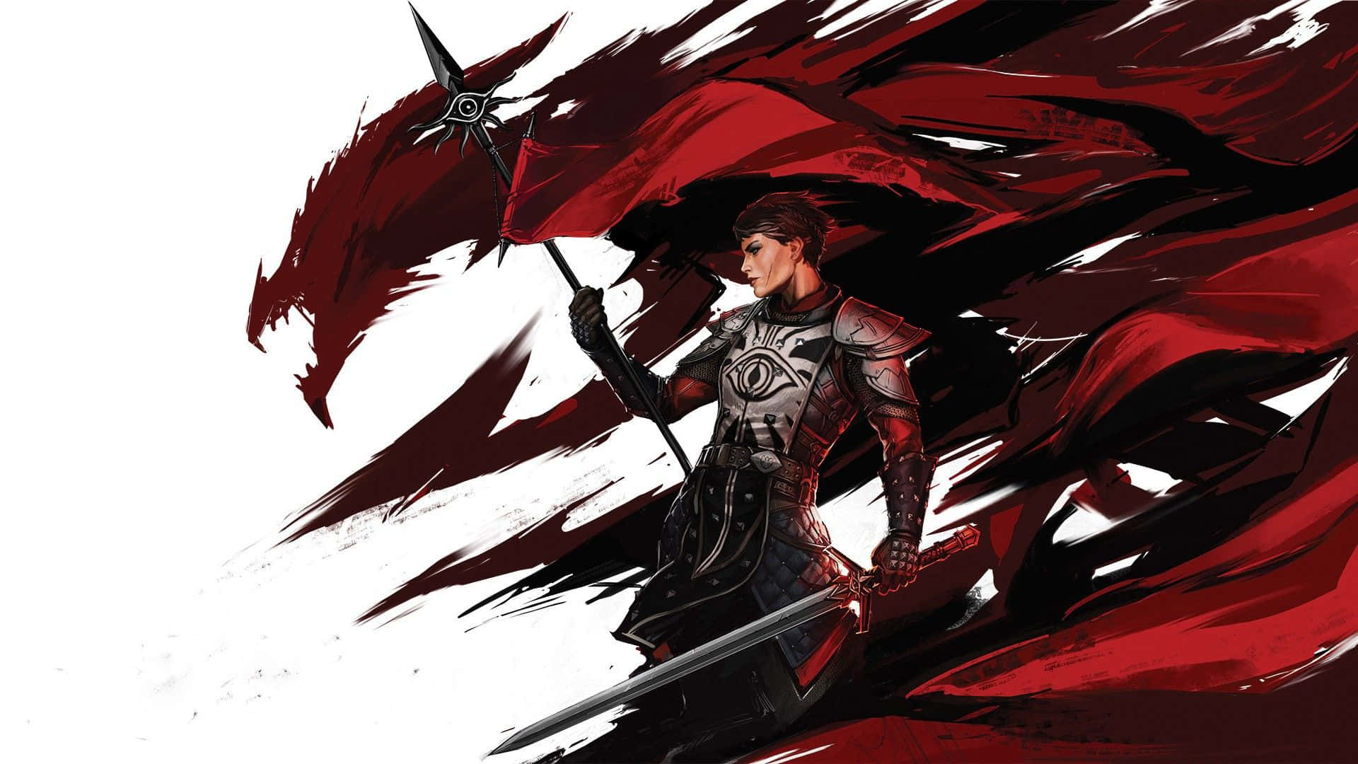 Best Dragon Age Inquisition 桌布 壁紙 — 一名身穿華麗盔甲的戰士揮舞著長矛和劍，背後旋轉的深紅色布料中出現了一個巨大的紅色龍頭。