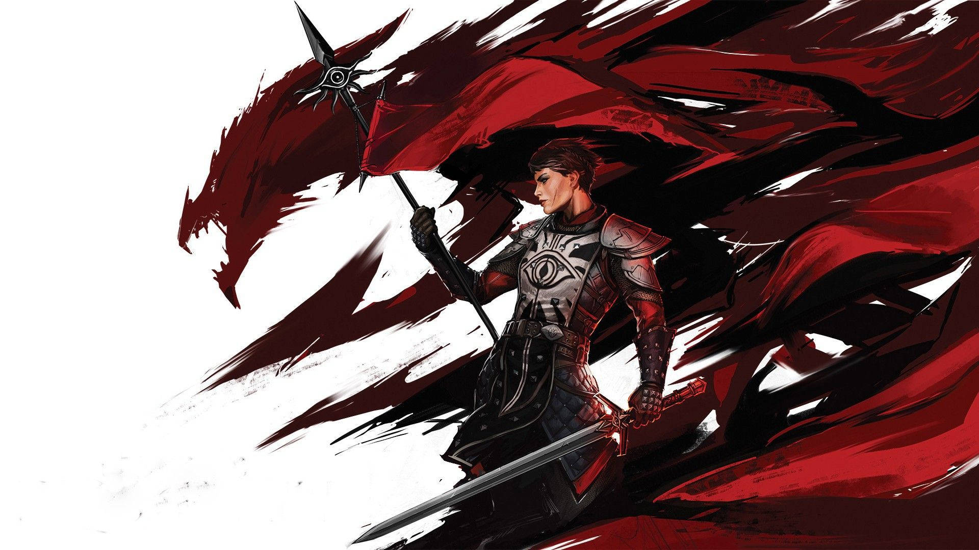 Inquisition 桌布 壁紙 — 一名身穿華麗盔甲的戰士揮舞長矛和劍，身後有一條巨大的紅龍隱現，構成動態的數位藝術場景。