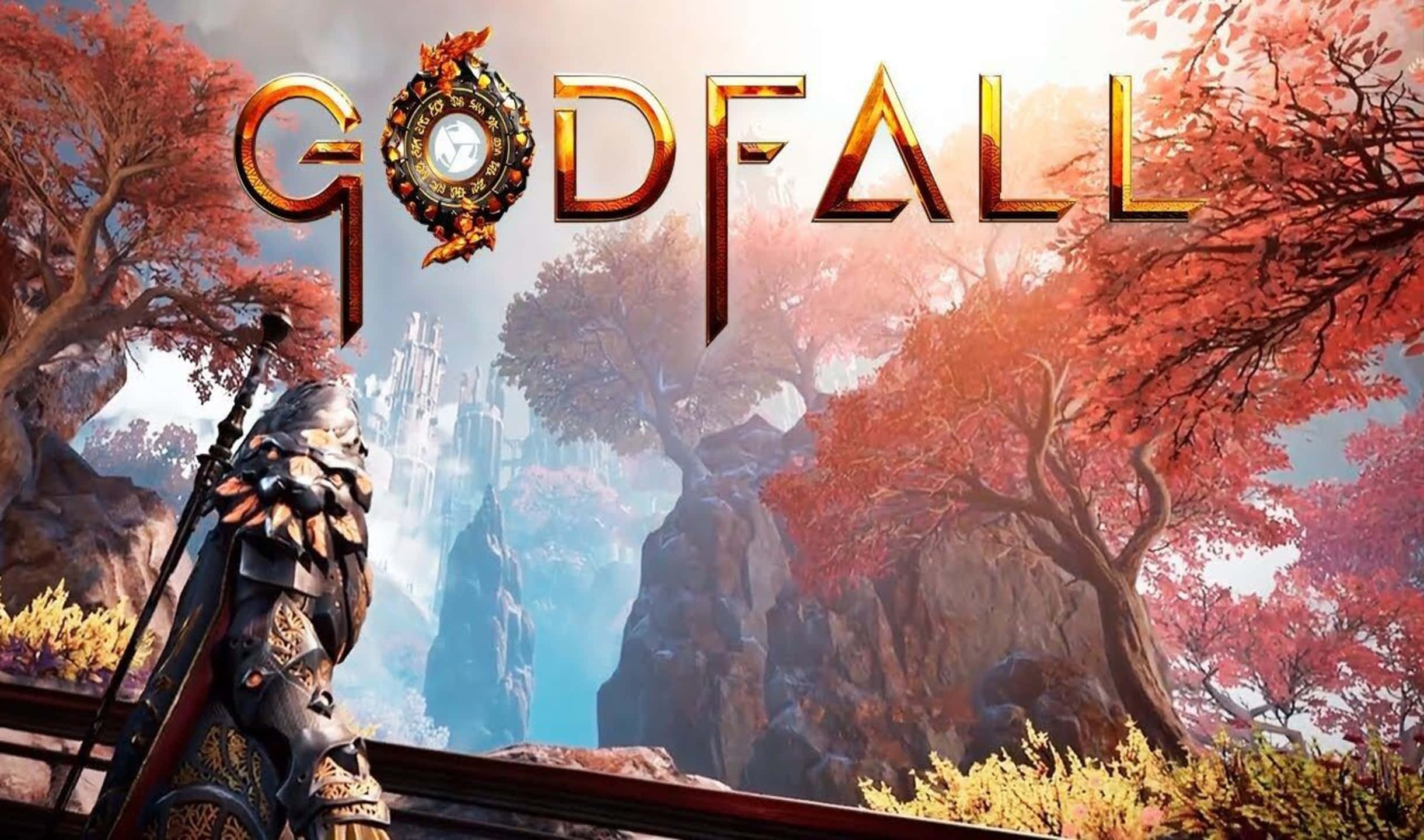 Game Art 桌布 壁紙 — 一名身穿華麗盔甲的戰士站在發光的標題前，背景是秋樹和霧濛濛的山脈。