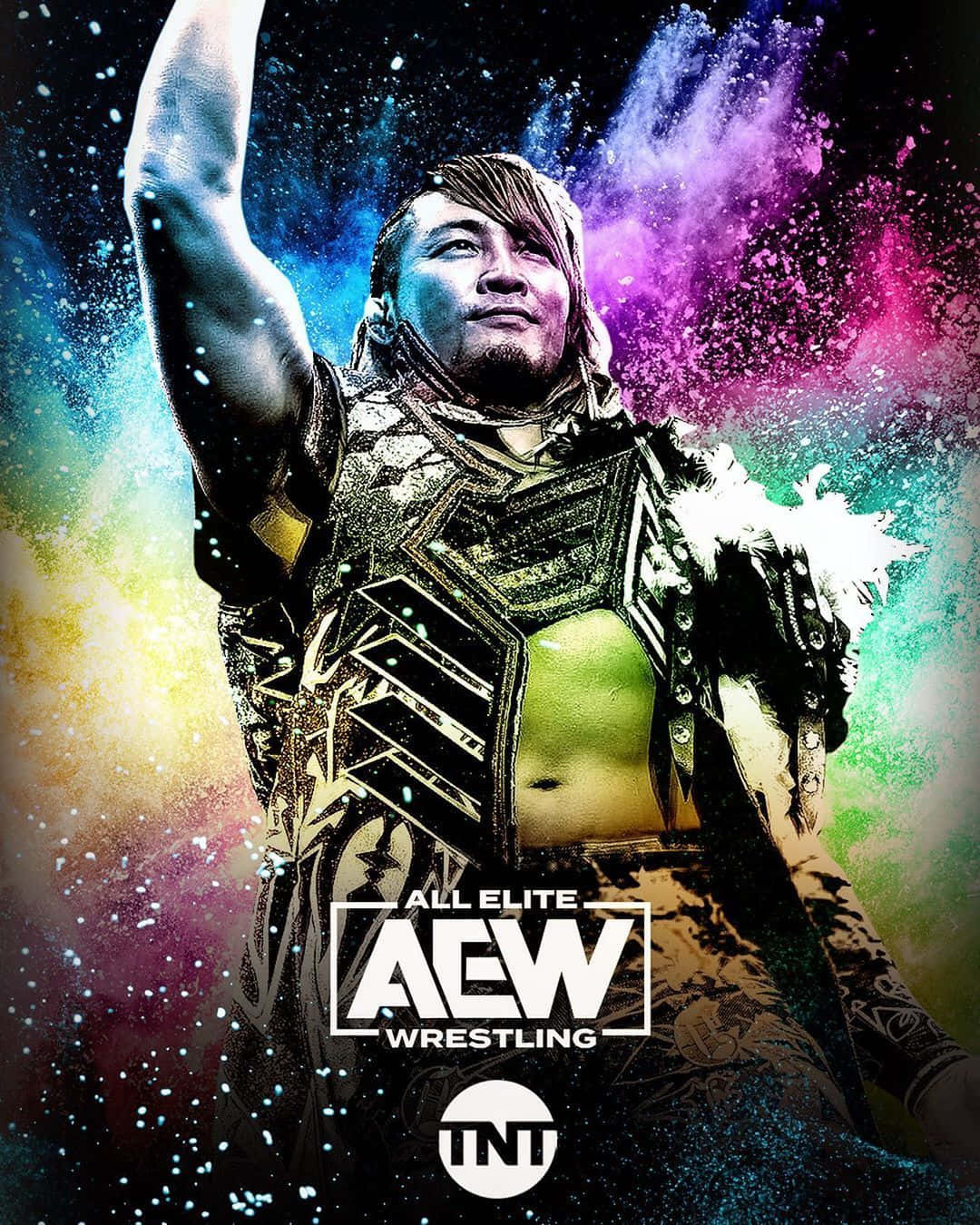 Aew 桌布 壁紙 — 一名身穿華麗盔甲的摔角手，在充滿活力的宇宙粉末爆炸背景下，勝利地舉起手臂。