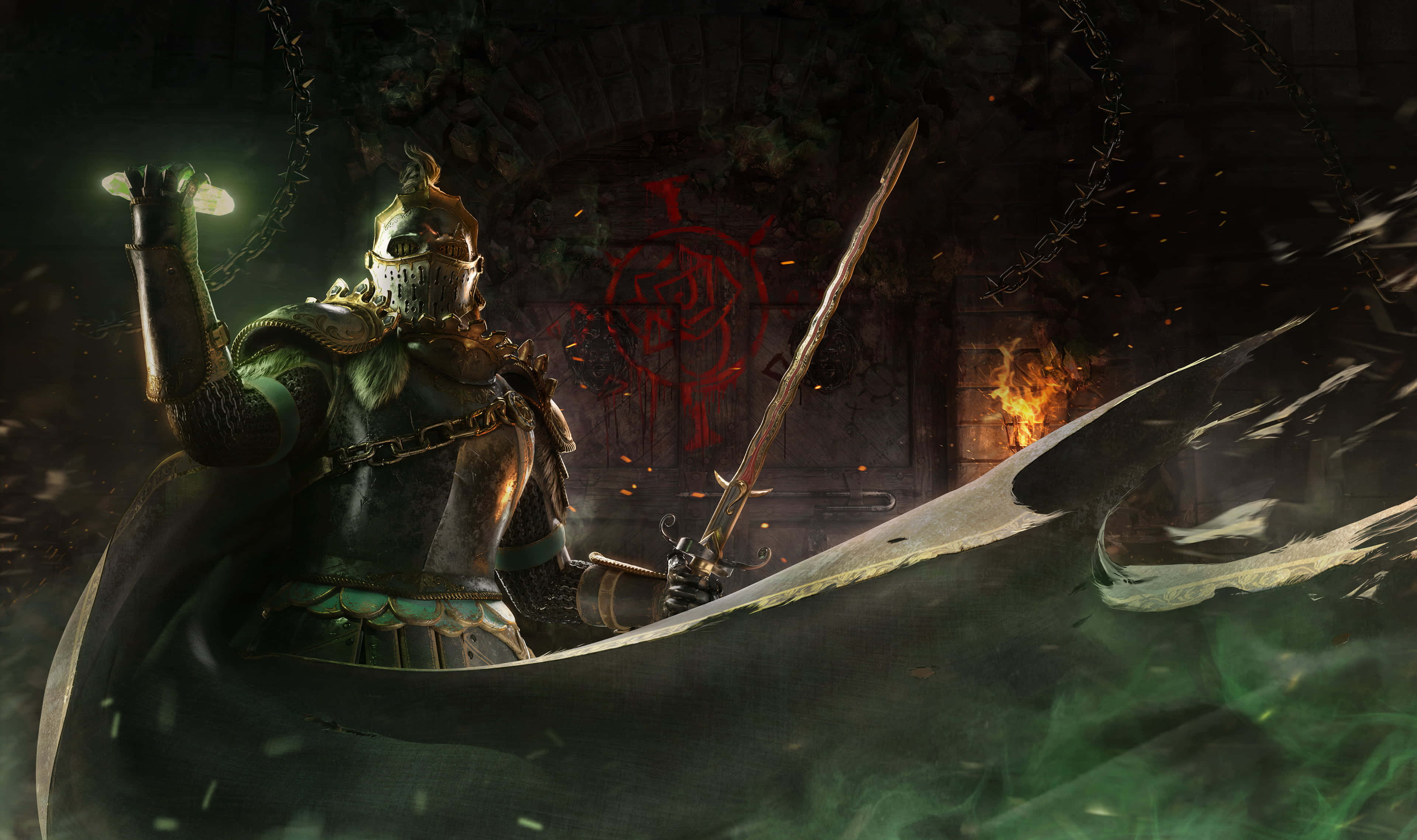 For Honor 桌布 壁紙 — 一名身穿華麗盔甲的騎士在黑暗地牢中挑釁地站立，手持發光球體和劍，綠色迷霧在他周圍旋轉。