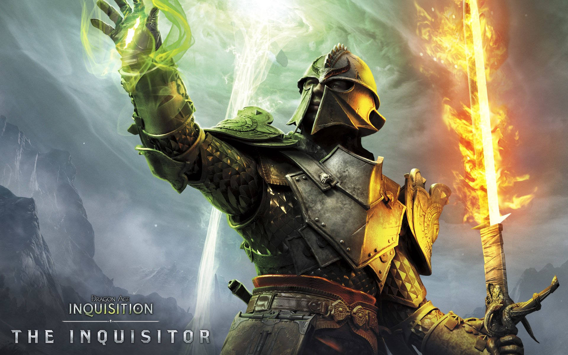 Inquisition 桌布 壁紙 — 一名身穿華麗盔甲的騎士揮舞著火焰劍，在暴風雨的山脈背景下引導綠色魔法。