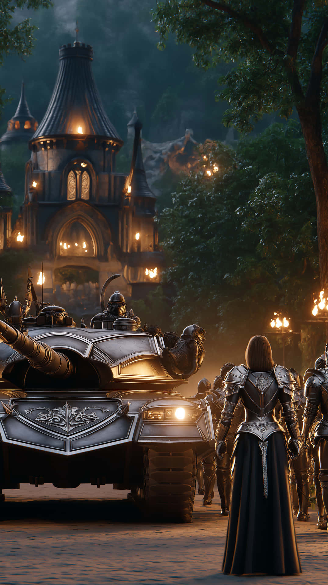 Armored Knights Encountering a Modern Tank by Ancient Castle 壁紙 — 一名身穿華麗盔甲的騎士站在發光的中世紀城堡前，裝甲坦克在黃昏時分穿過樹木繁茂的庭院。