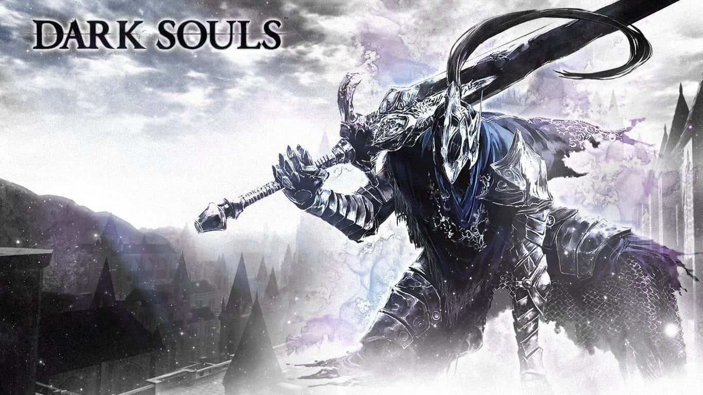 Artorias The Abysswalker 桌布 壁紙 — 一名身穿華麗盔甲的黑暗騎士，在暴風雨天空下，對著陰鬱、充滿城堡的景觀揮舞著一把巨大的彎曲劍。