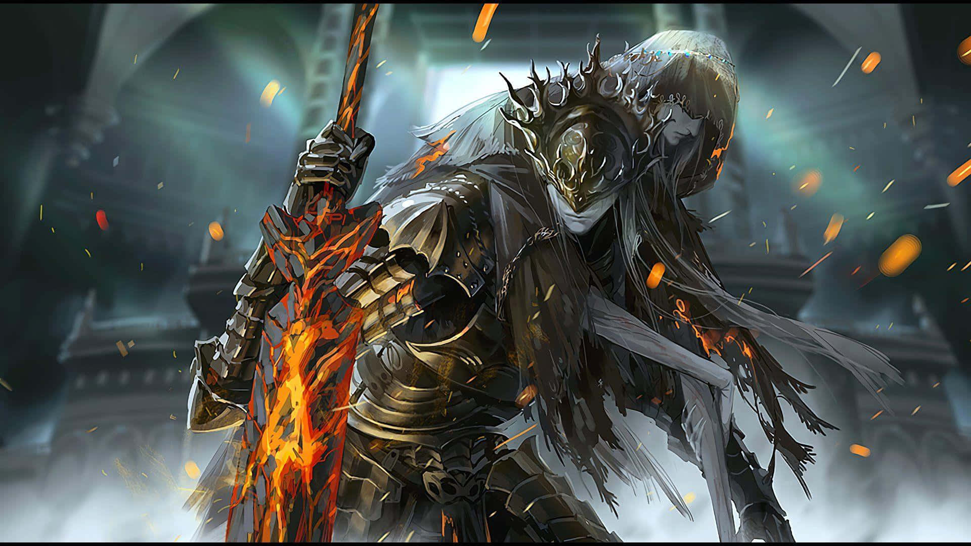 Nameless King 桌布 壁紙 — 一名身穿華麗盔甲的黑暗騎士，在陰暗的大教堂中，於閃爍的餘燼中揮舞著一把火焰劍。