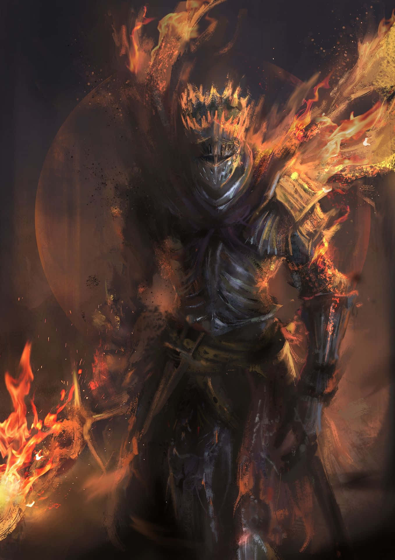 Dark Power 桌布 壁紙 — 一名身穿華麗盔甲的黑暗騎士被咆哮的火焰吞噬，背景煙霧瀰漫，身後有一個發光的球體。