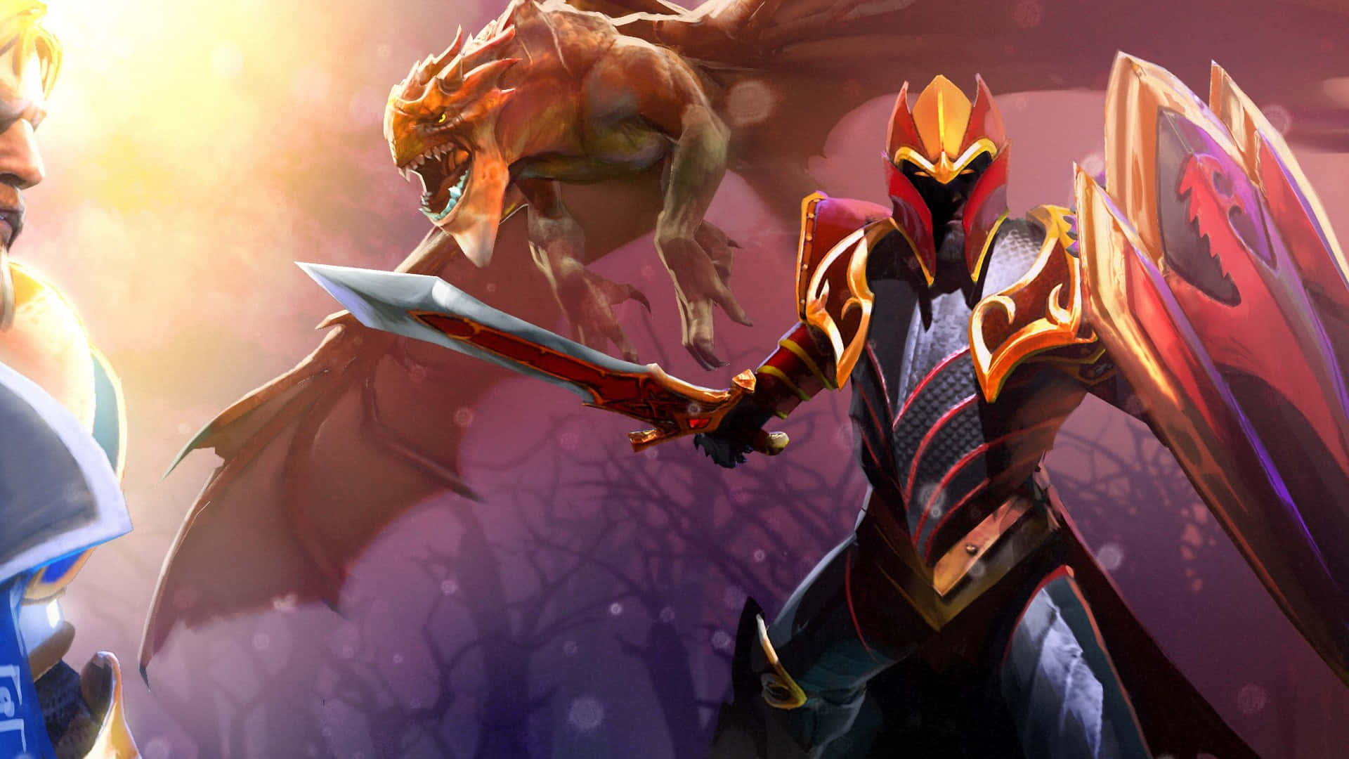 1920x1080 Dota 2 桌布 壁紙 — 一名身穿華麗紅金盔甲的戰士，在神秘的暮光之戰中揮舞著發光的劍對抗咆哮的巨龍。