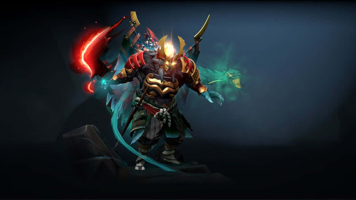 Dota 2 Juggernaut 桌布 壁紙 — 一名身穿華麗紅金鎧甲的戰士，在黑暗背景下揮舞著發光的紅藍武器。