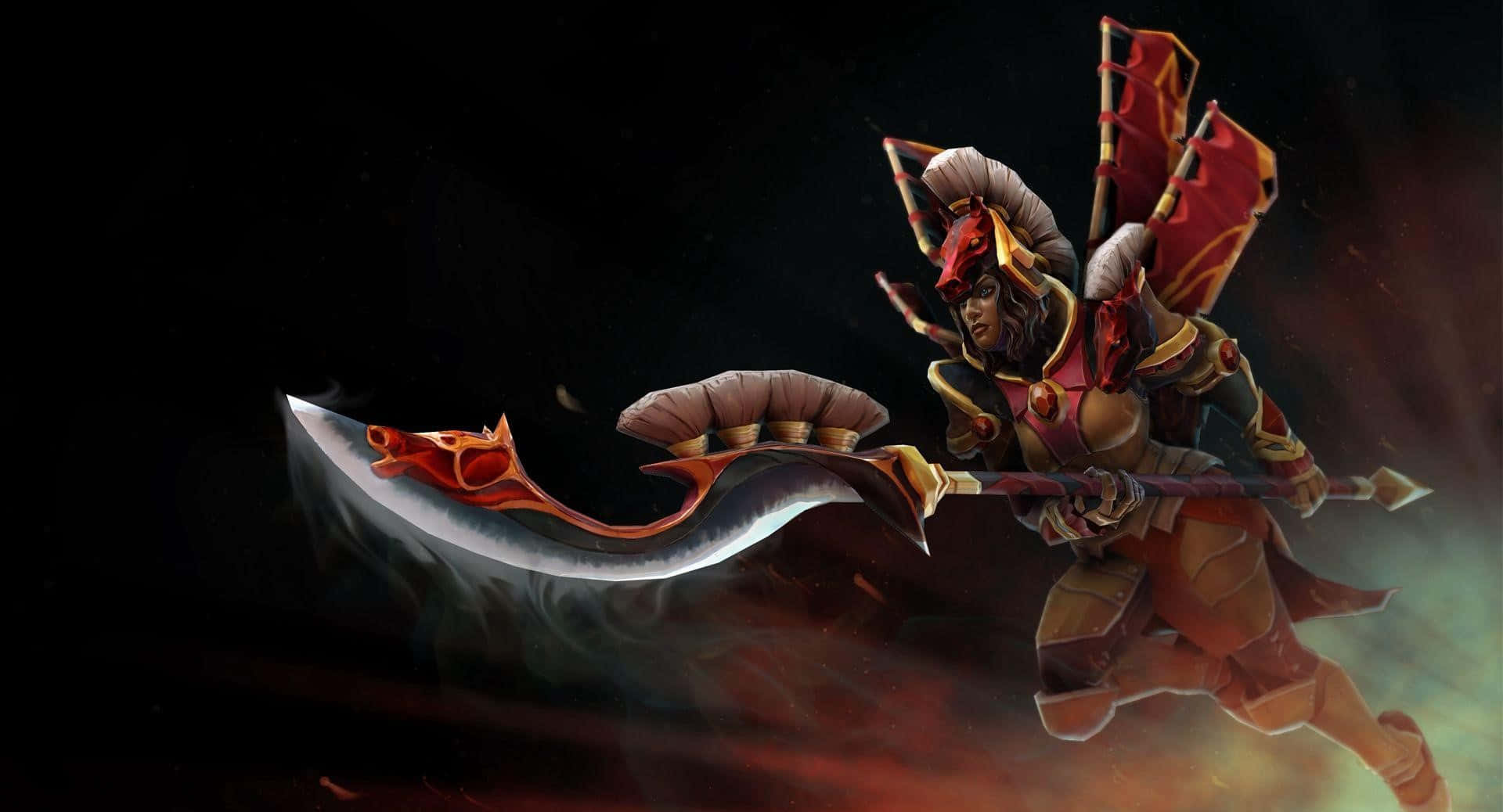 Legion Commander 桌布 壁紙 — 一名身穿華麗紅金鎧甲的戰士，在黑暗煙霧繚繞的背景與火焰光芒中揮舞著一把巨大的彎曲刀刃。